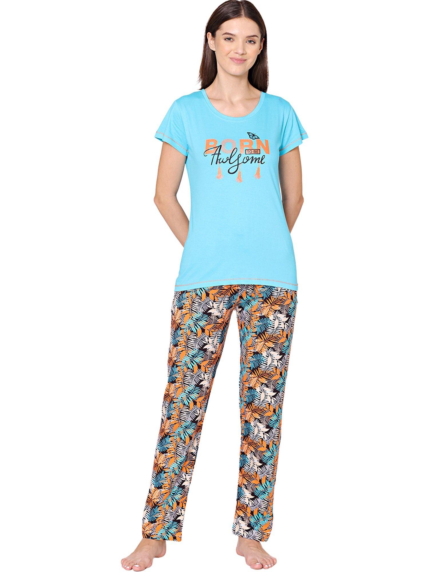 womens combed cotton t-shirt & pyjama bsls11009 blue (set of 2)