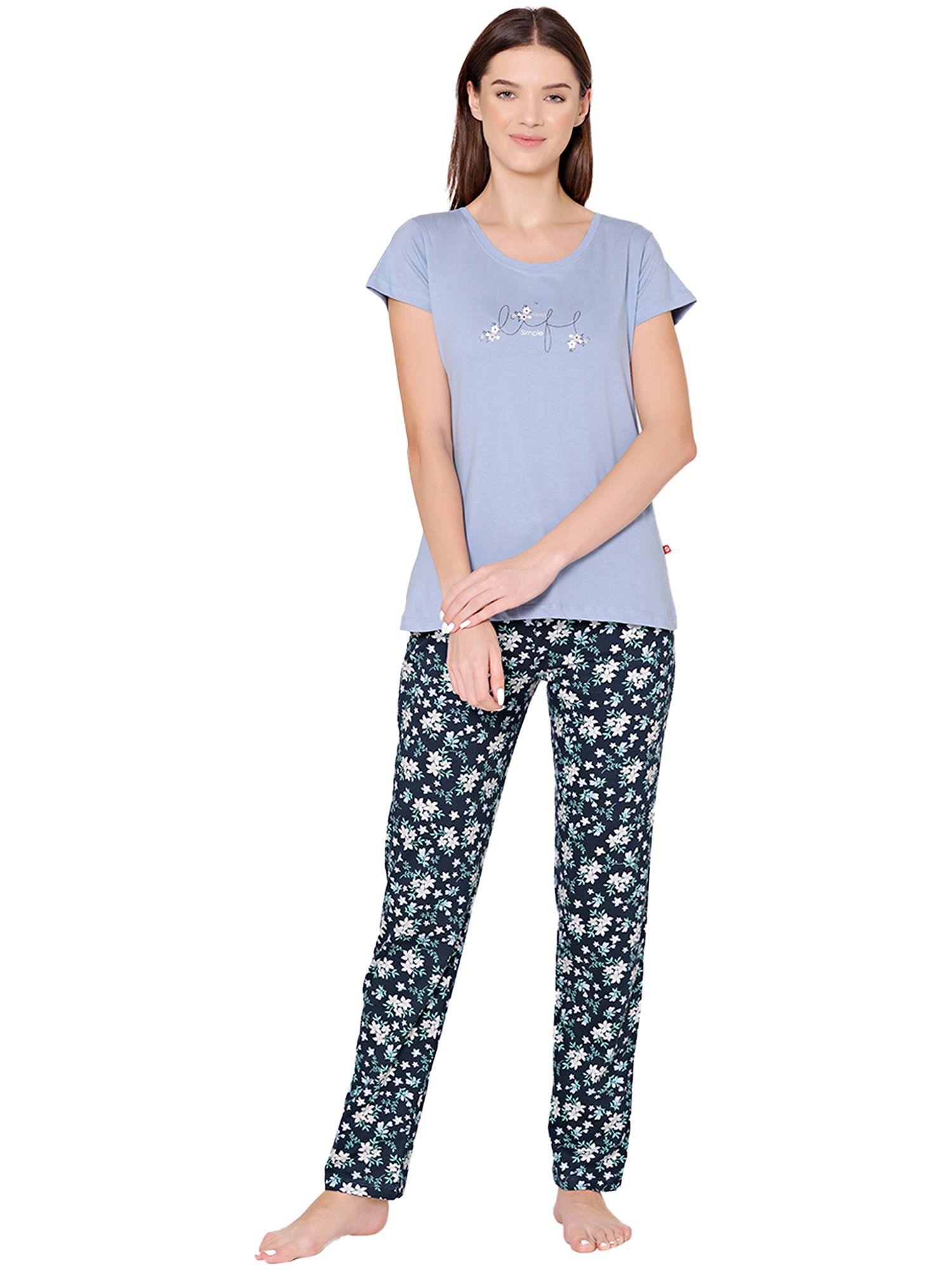 womens combed cotton t-shirt & pyjama bsls11010 blue (set of 2)