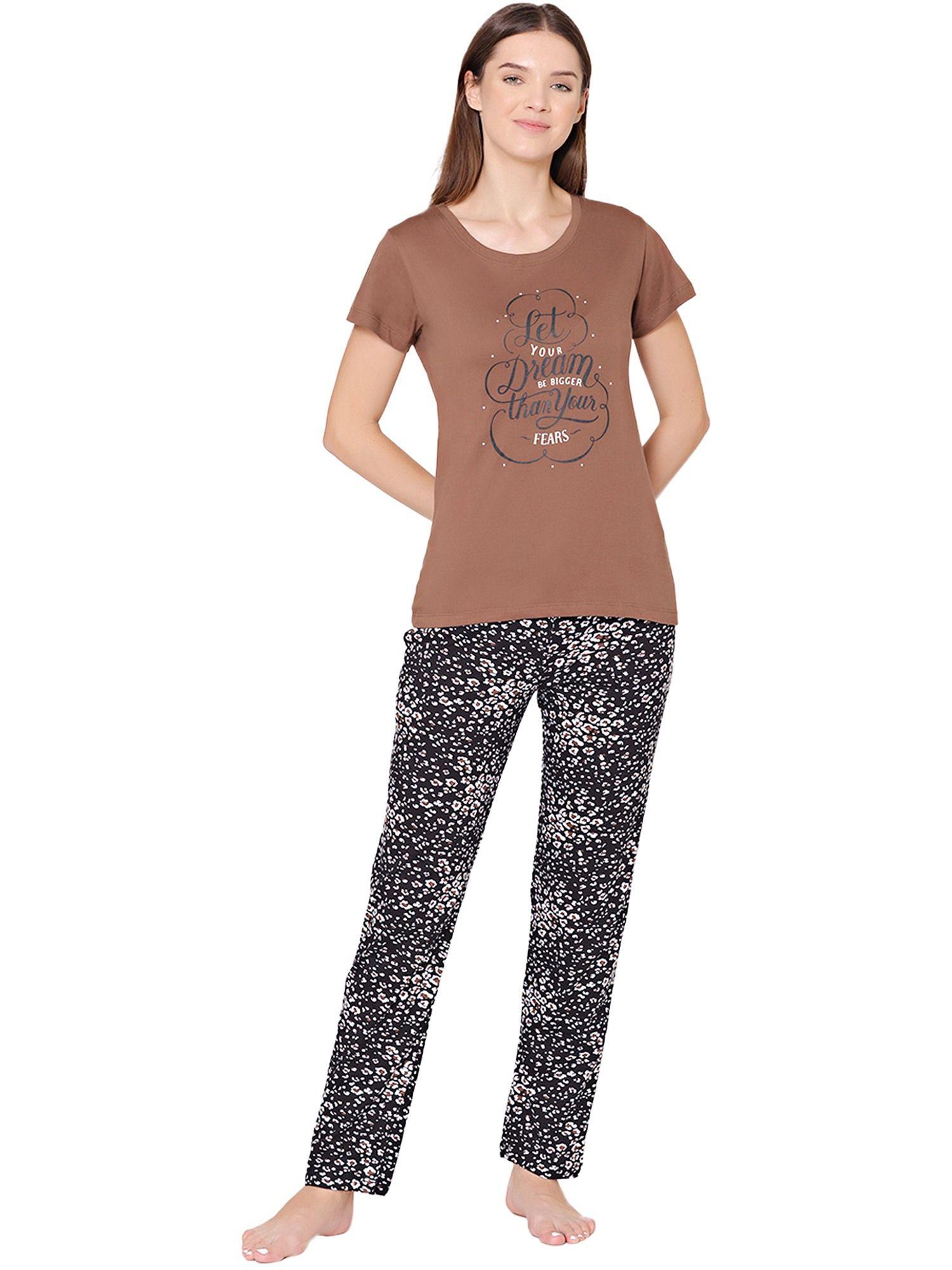 womens combed cotton t-shirt & pyjama bsls11013 brown (set of 2)