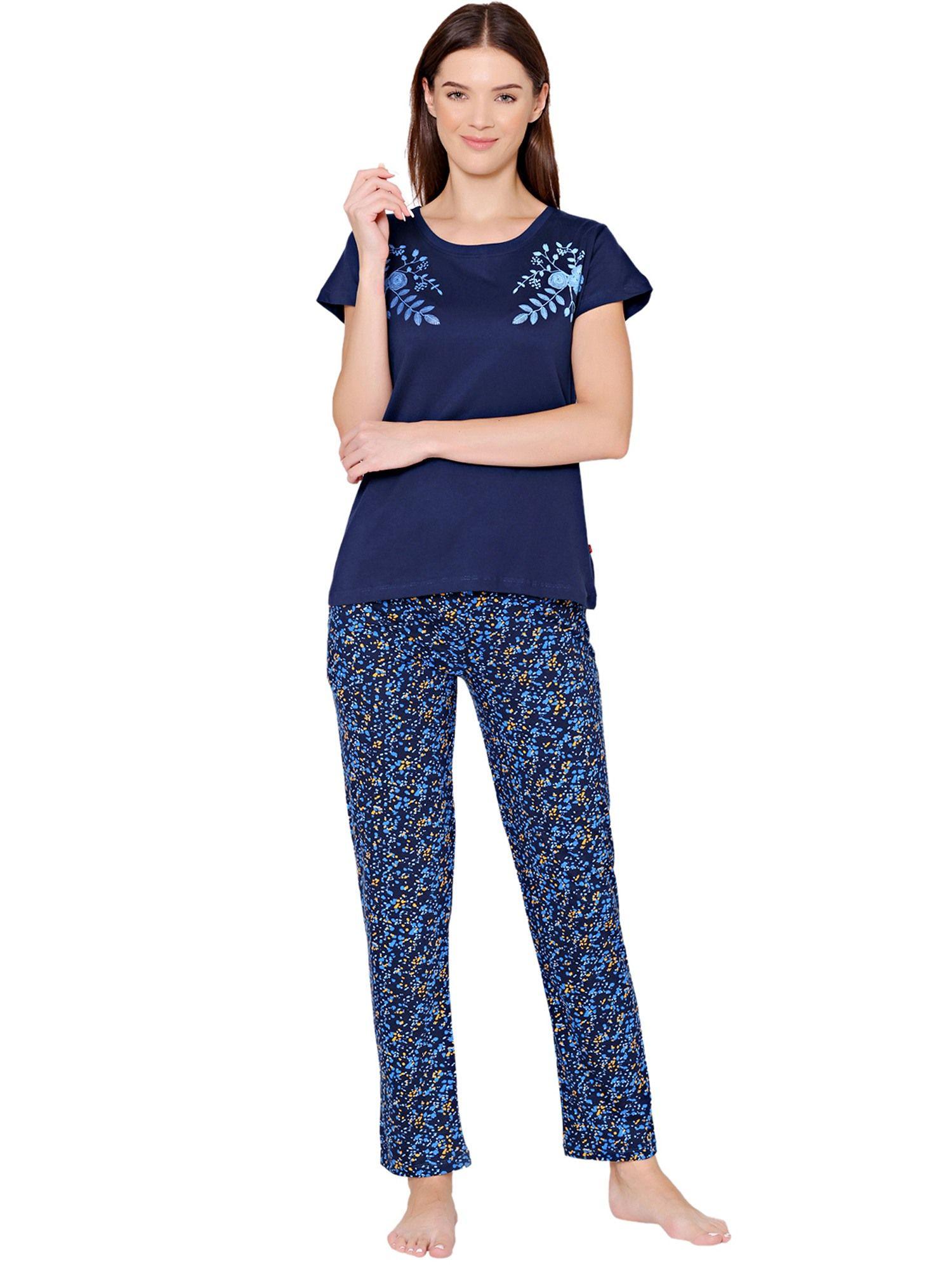 womens combed cotton t-shirt & pyjama bsls11015 navy blue (set of 2)