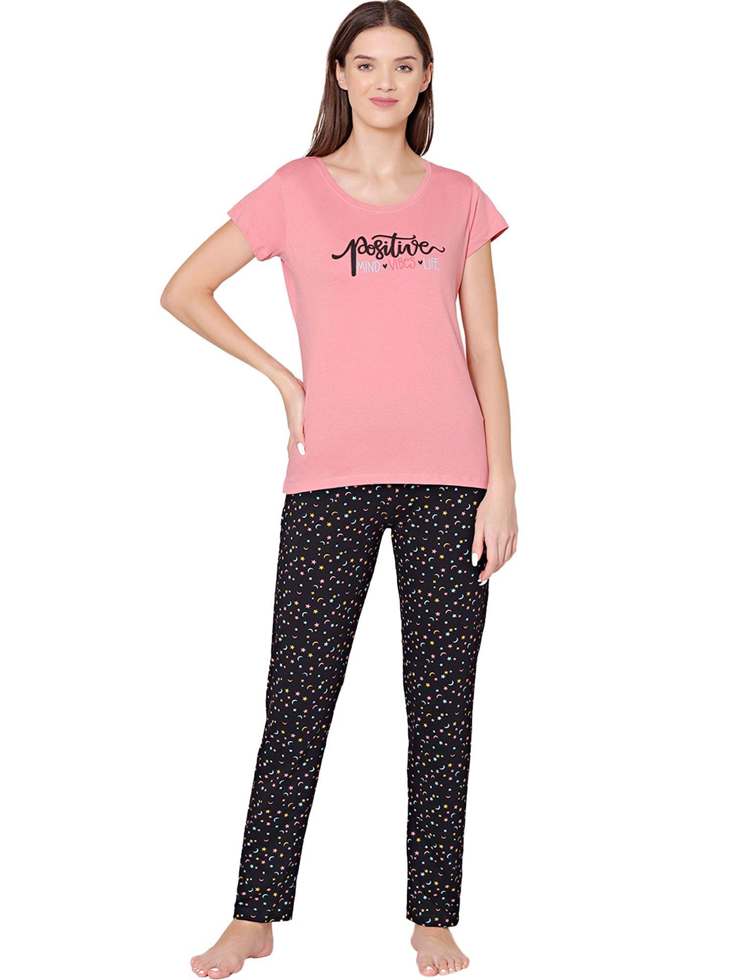 womens combed cotton t-shirt & pyjama bsls11016 peach (set of 2)