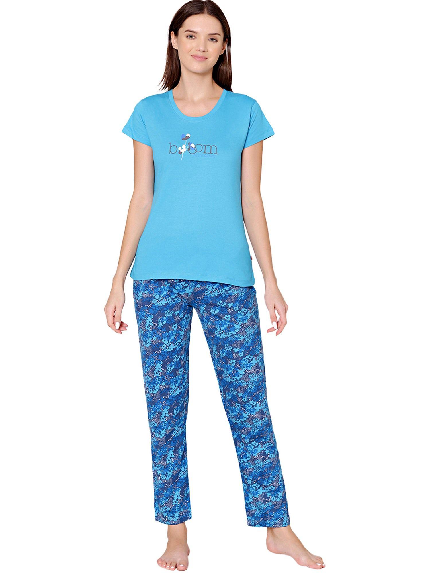 womens combed cotton t-shirt & pyjama bsls11019 blue (set of 2)