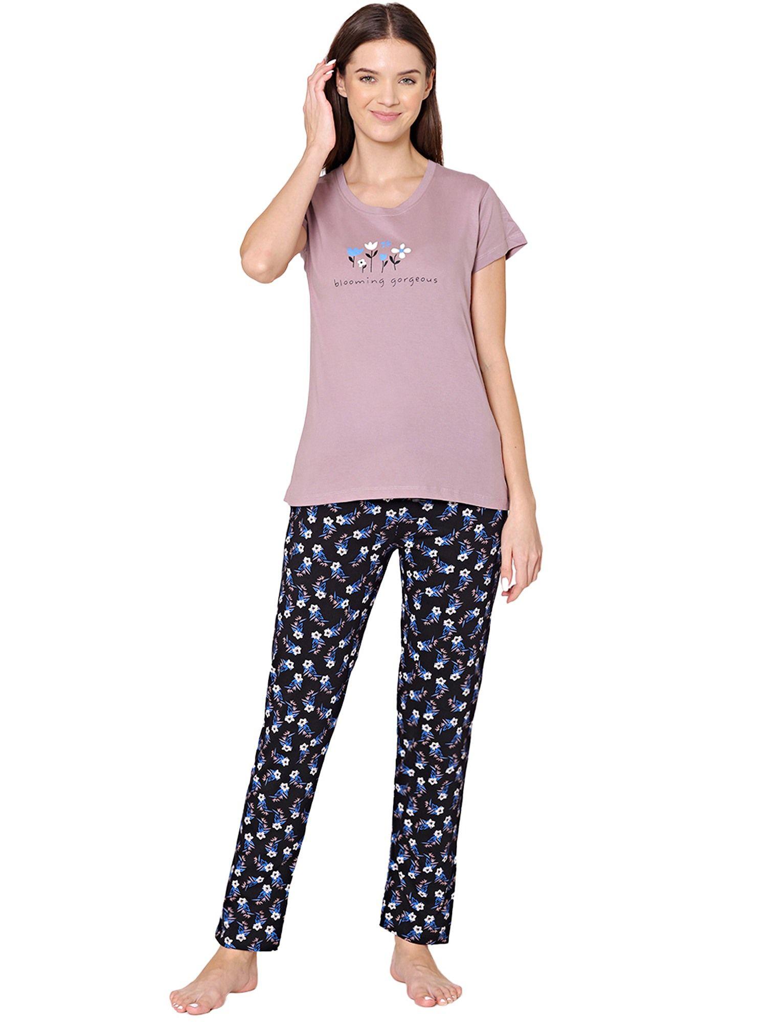 womens combed cotton t-shirt & pyjama bsls11020 mauve (set of 2)