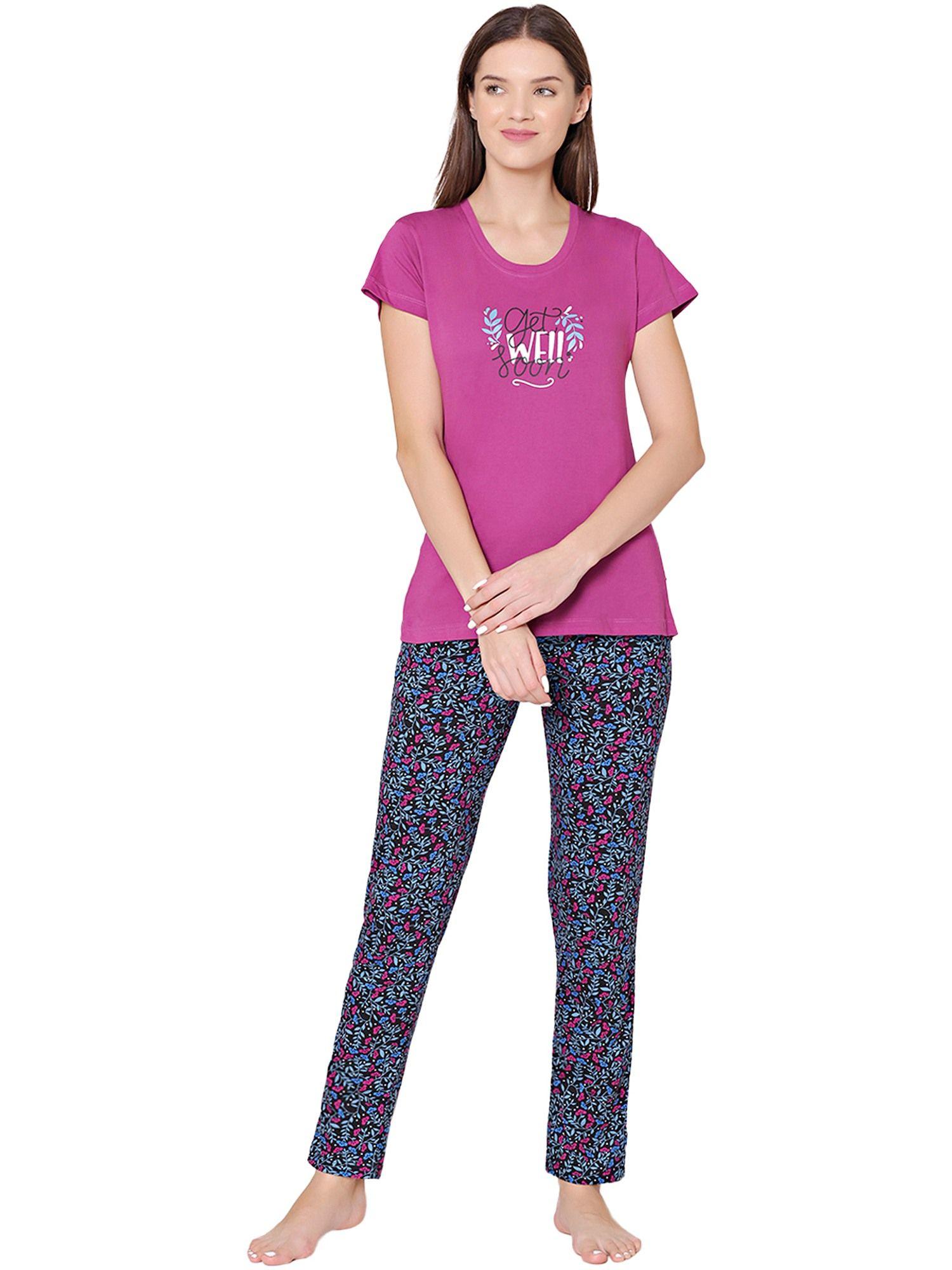 womens combed cotton t-shirt & pyjama bsls11021 purple (set of 2)