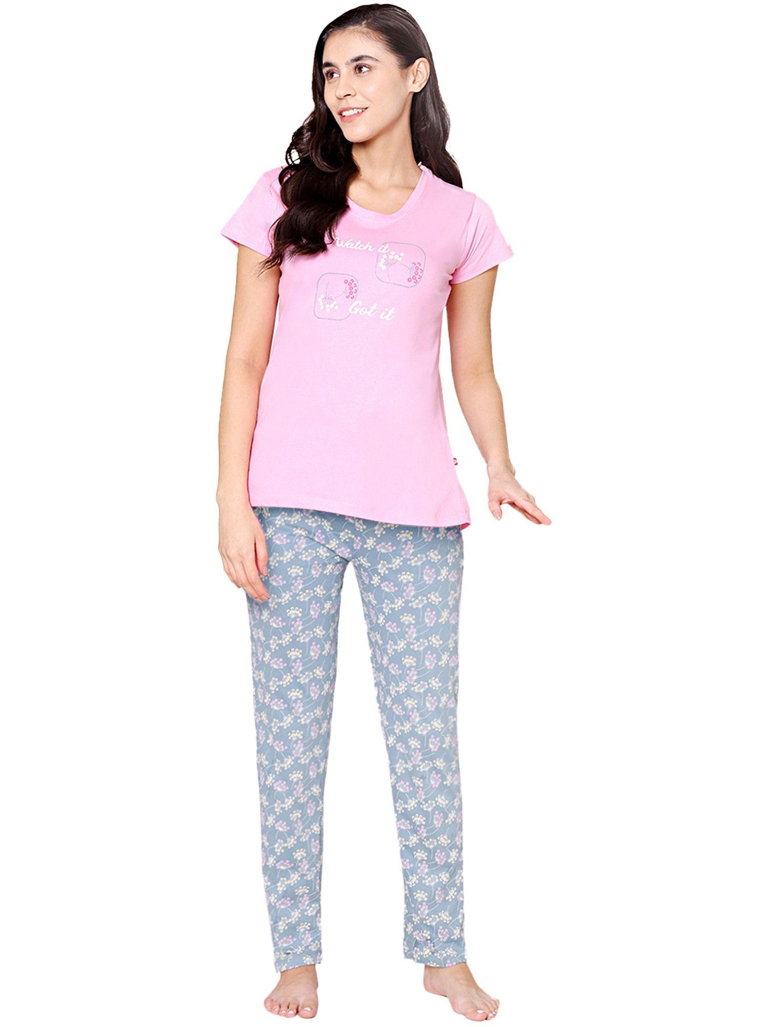 womens combed cotton t-shirt & pyjama bsls11022 pink (set of 2)