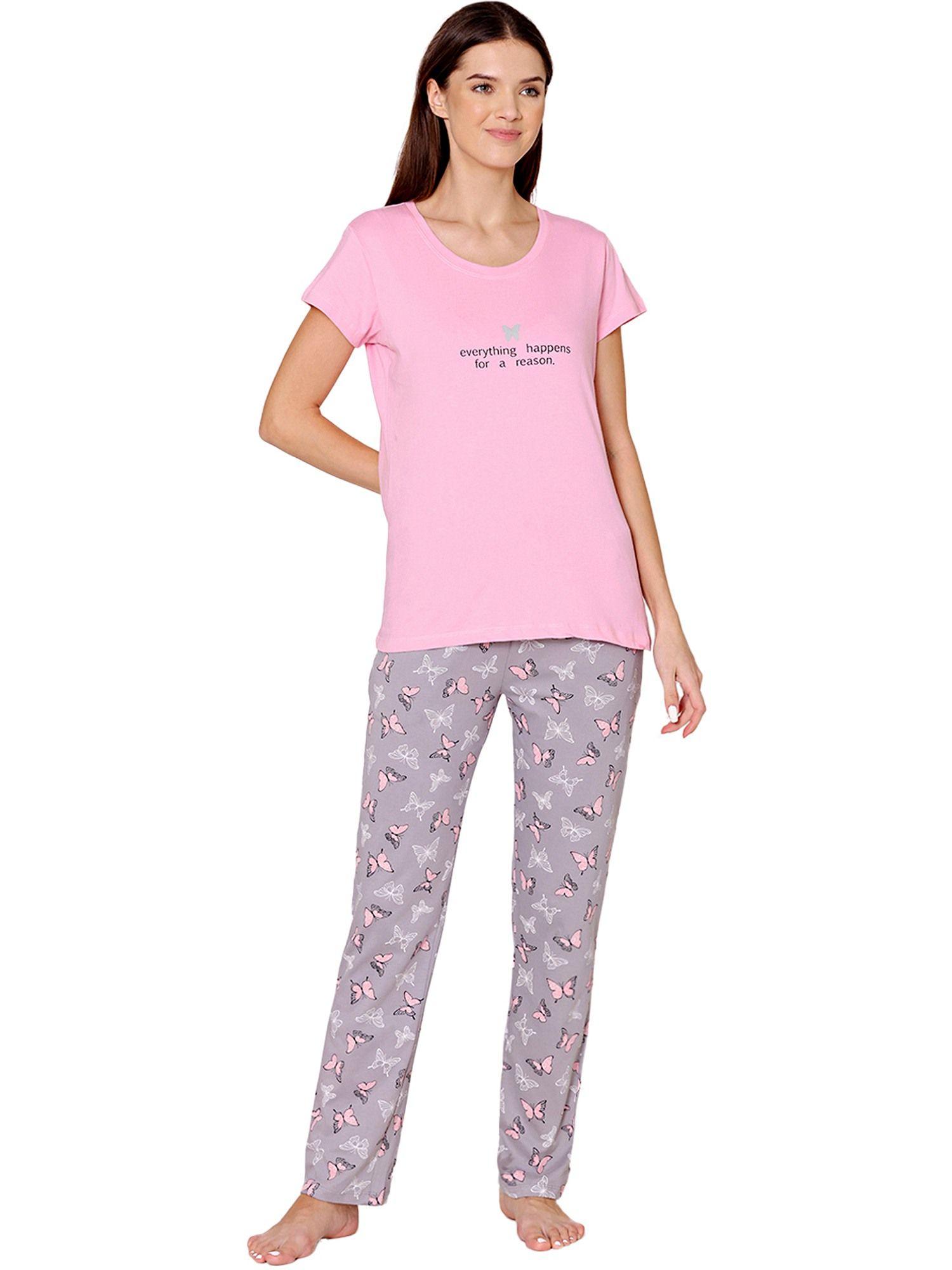 womens combed cotton t-shirt & pyjama bsls11030 pink (set of 2)