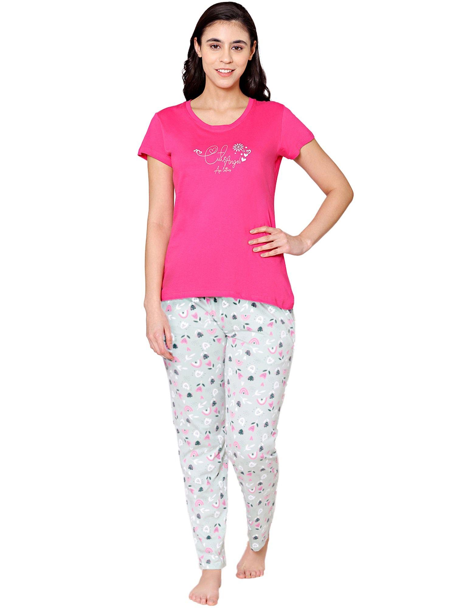 womens combed cotton t-shirt & pyjama bsls11031 pink (set of 2)