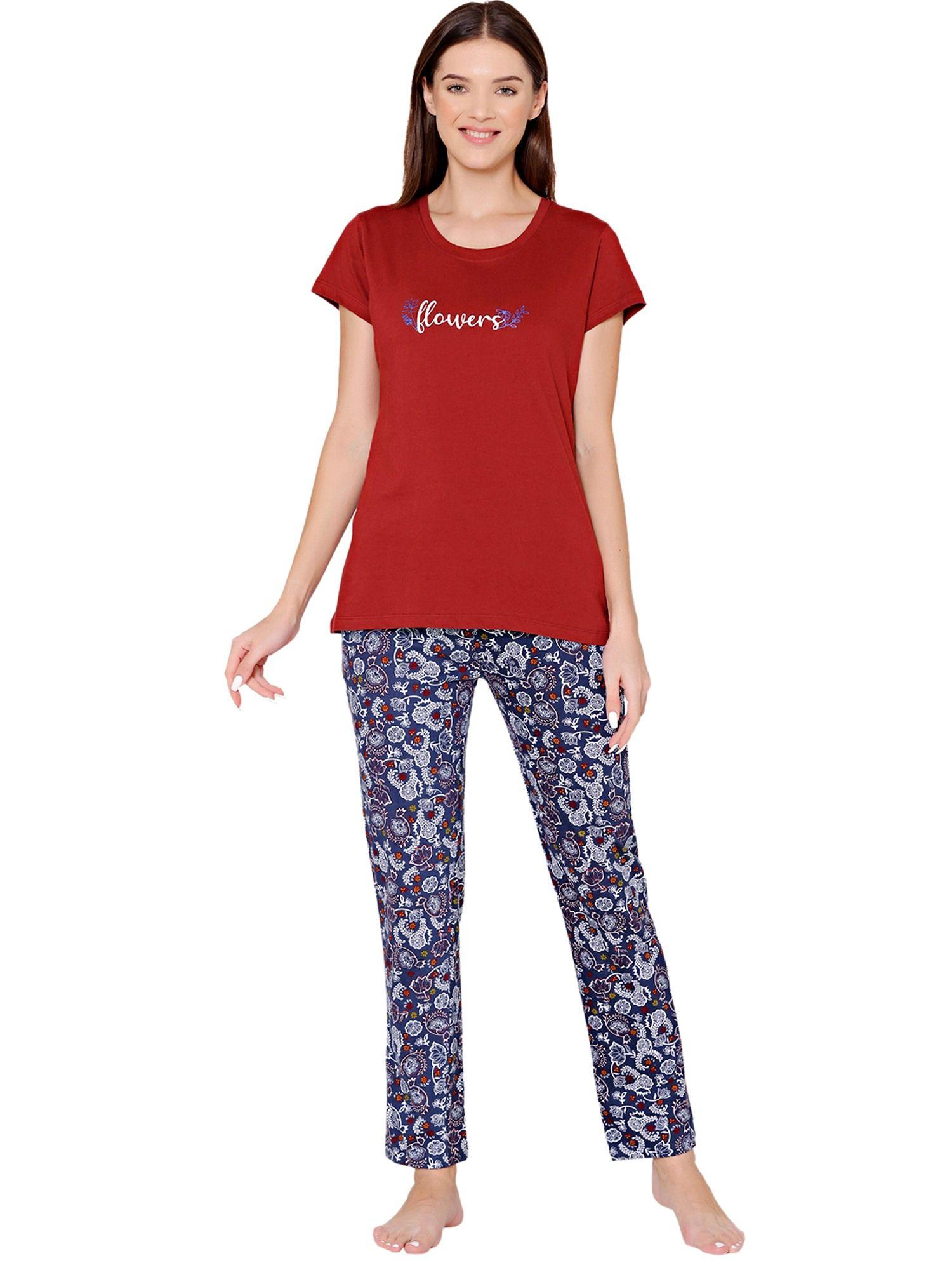 womens combed cotton t-shirt & pyjama bsls11033 maroon (set of 2)