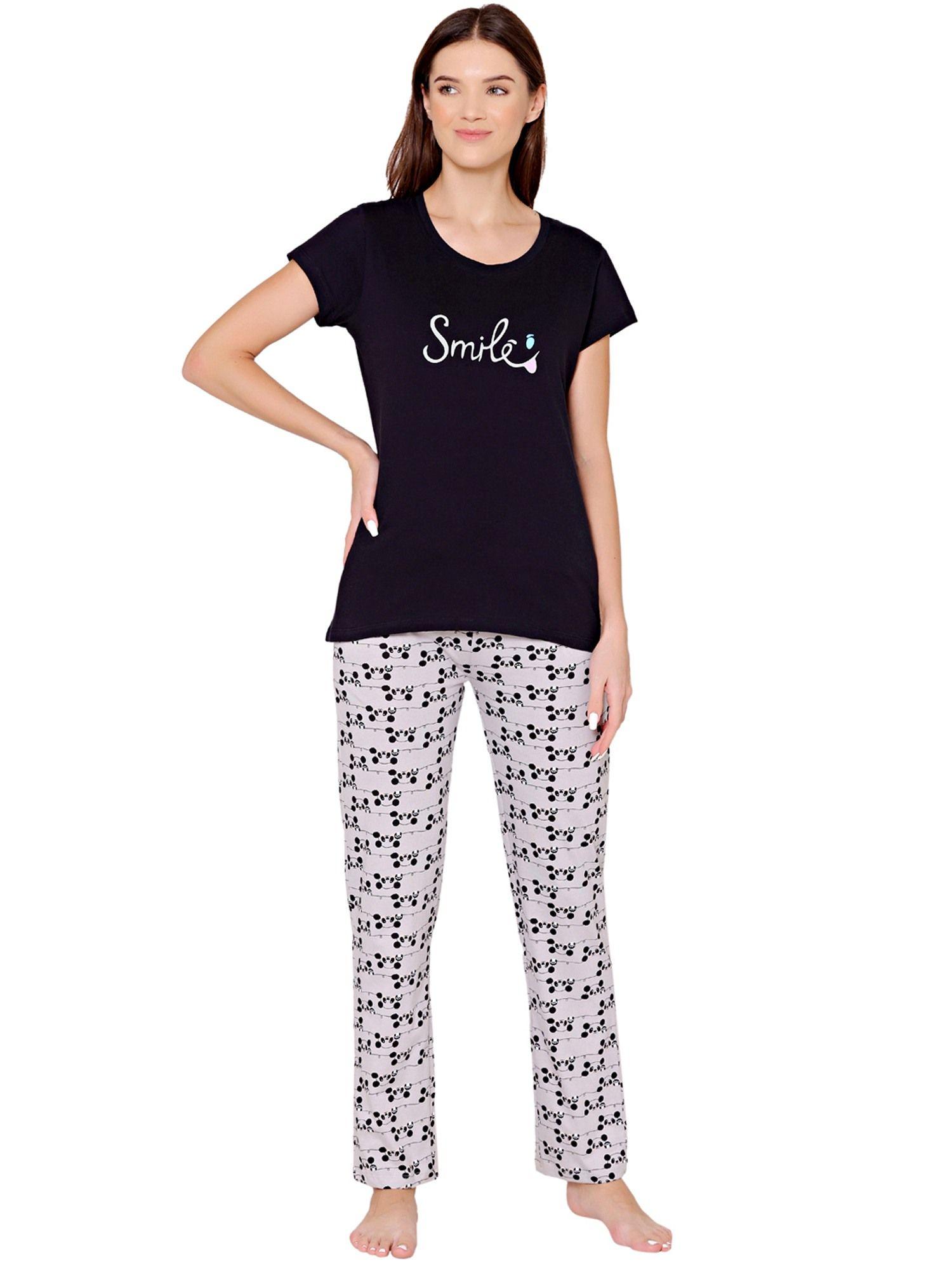 womens combed cotton t-shirt & pyjama bsls11034 black (set of 2)