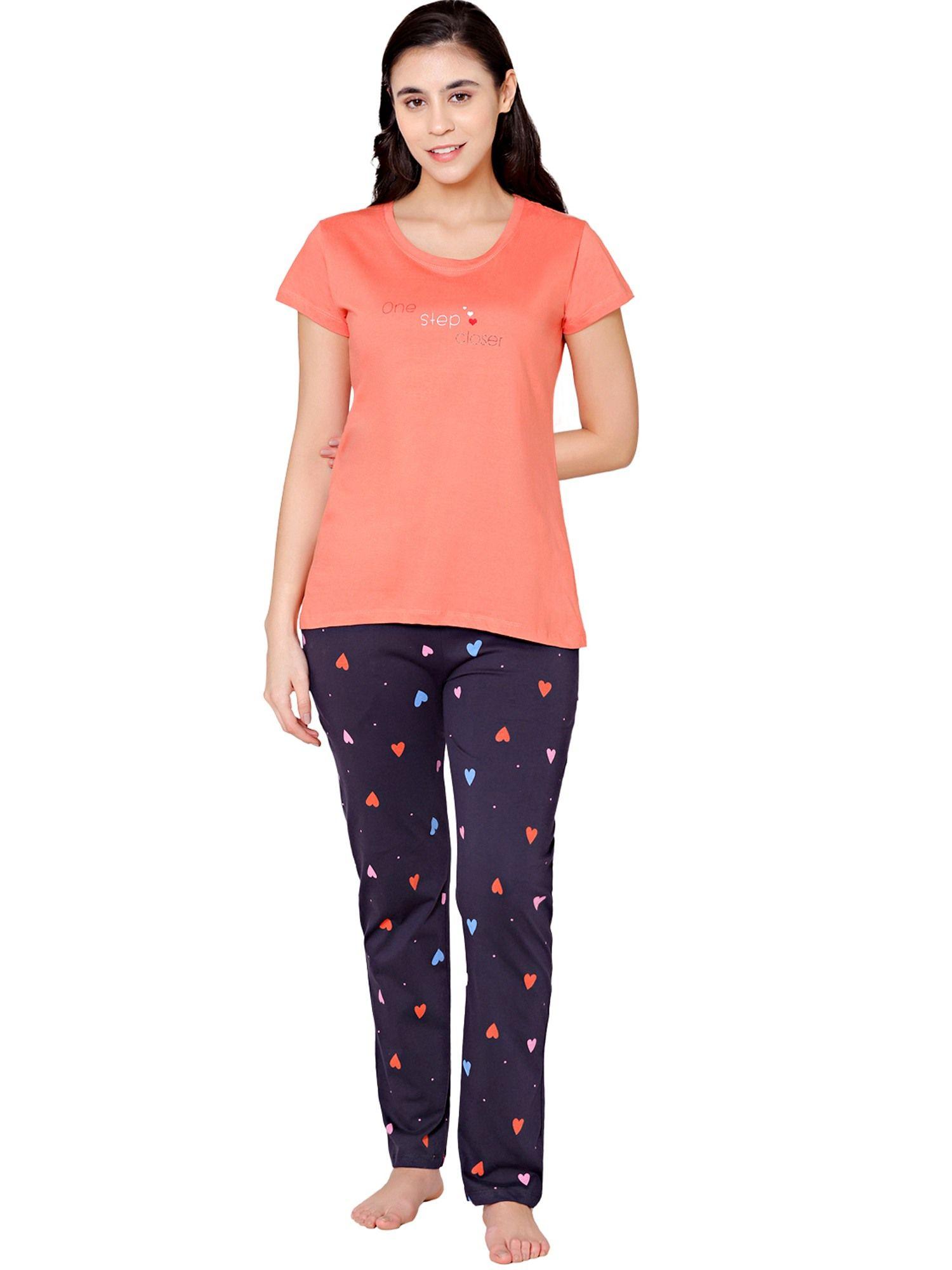 womens combed cotton t-shirt & pyjama bsls11037 coral (set of 2)