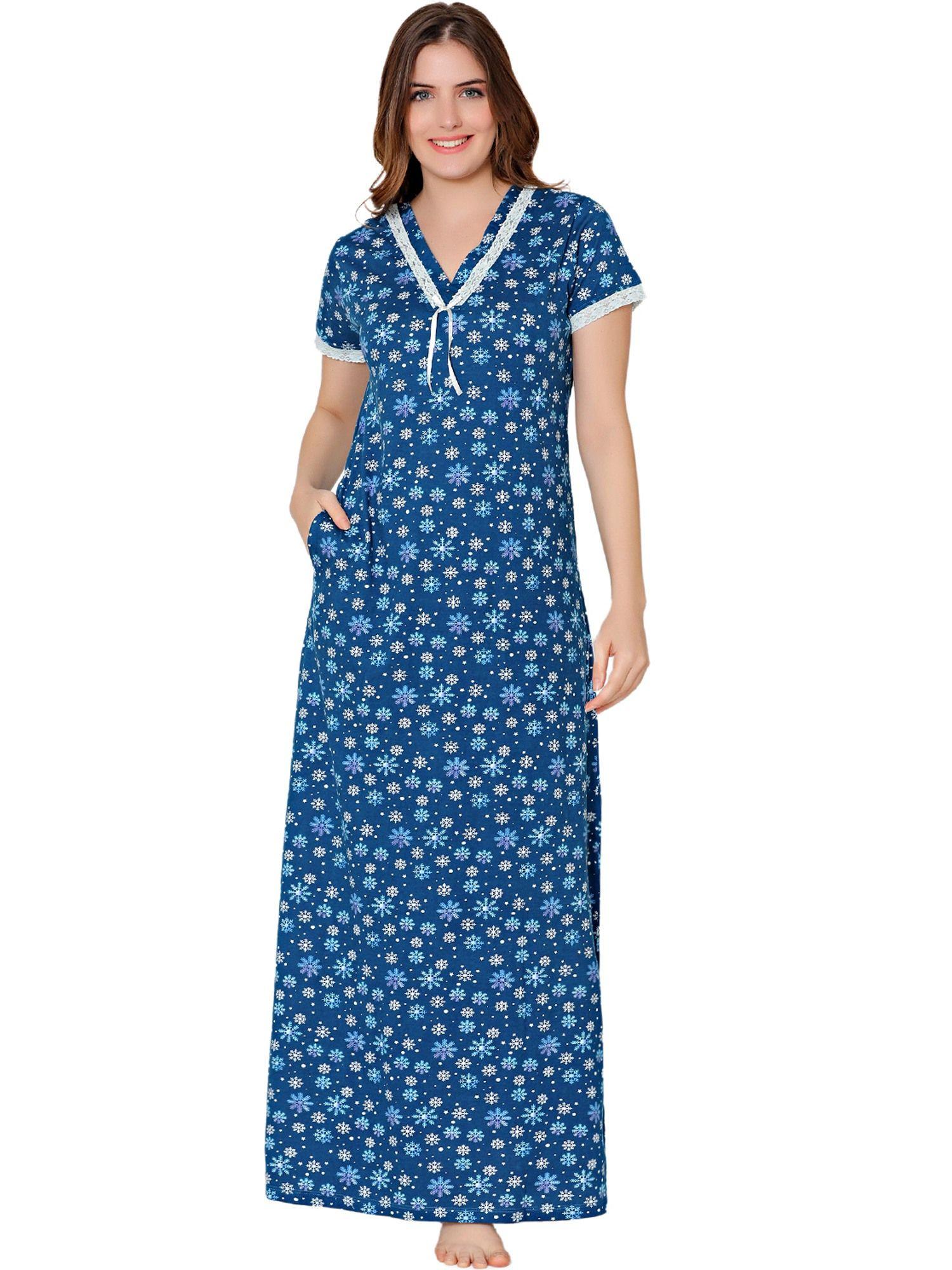 womens combed cotton v neck printed long night dress -bsn10002 teal