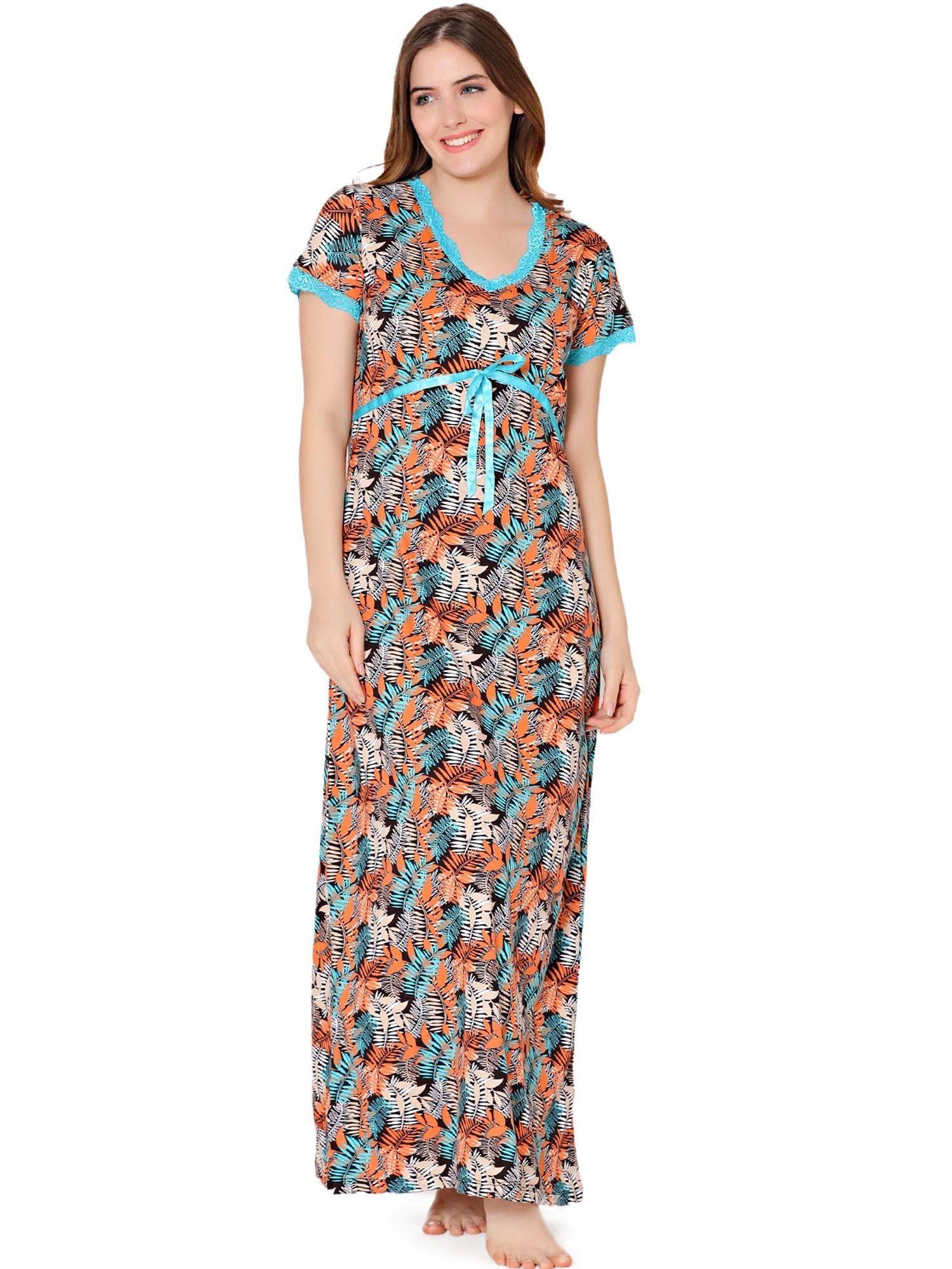 womens combed cotton v neck printed long night dress -bsn10003 multi-color