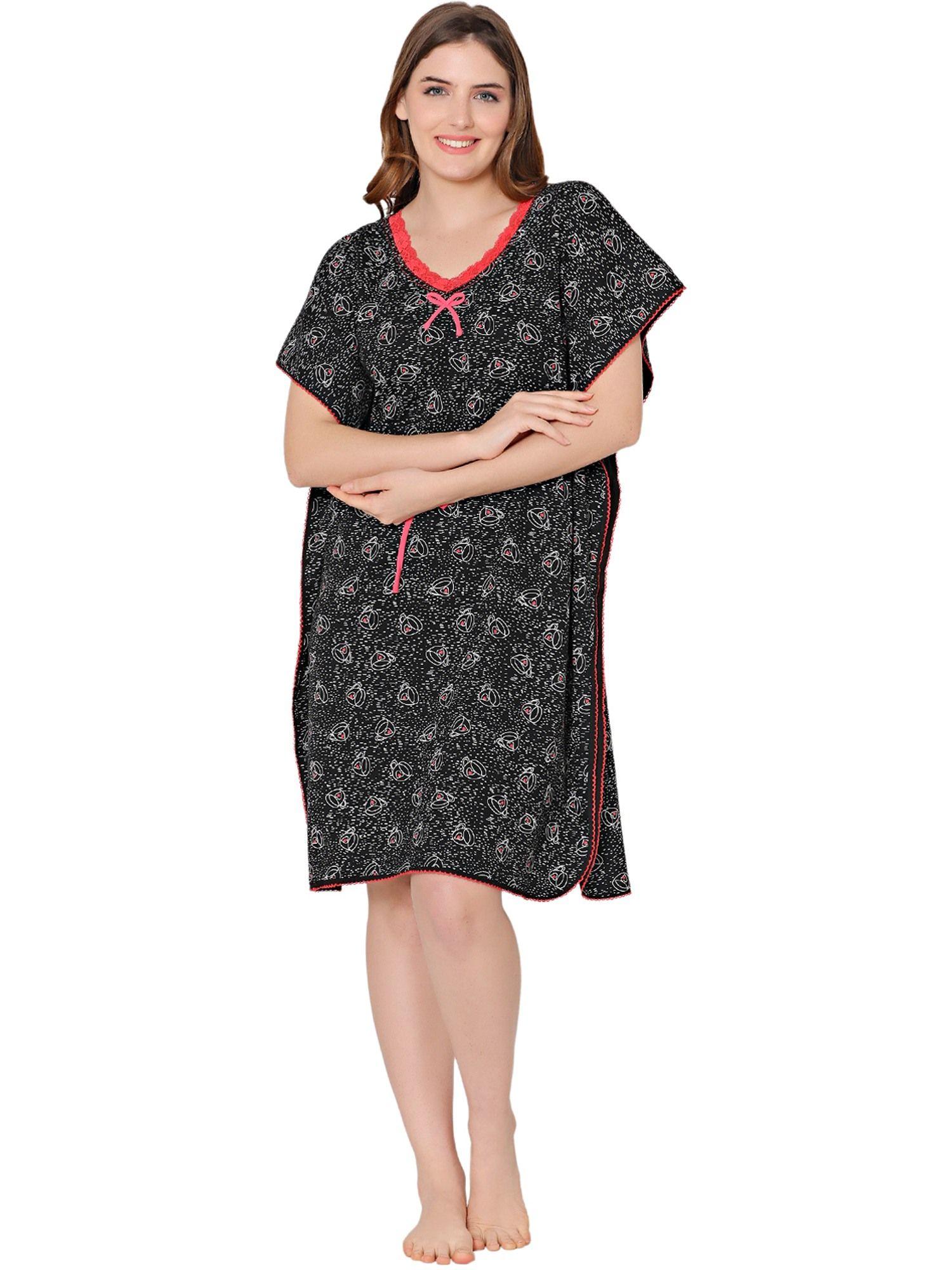 womens combed cotton v neck printed short night dress -bsn9002 black