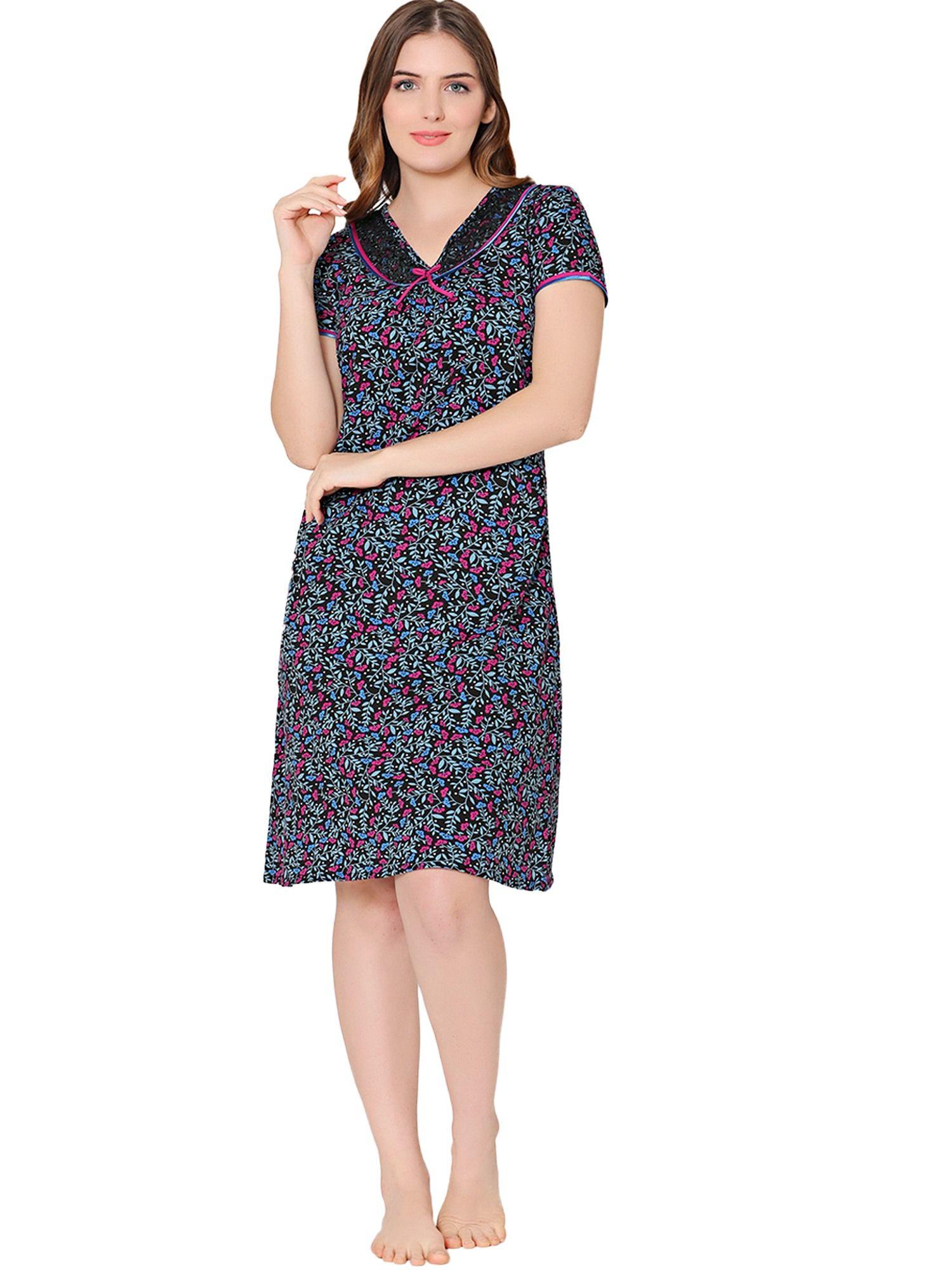 womens combed cotton v neck printed short night dress -bsn9005 blue