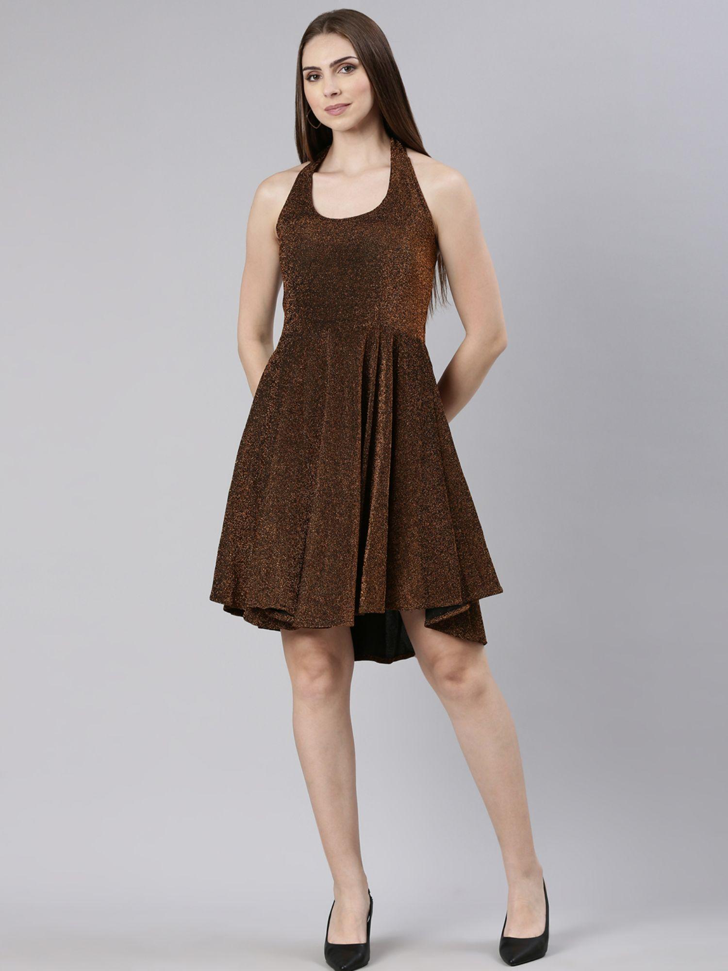 womens copper halter neck sleeveless fit and flare above knee dress