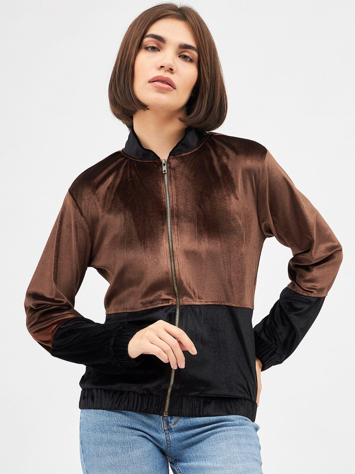 womens corduroy solid brown zipper jacket