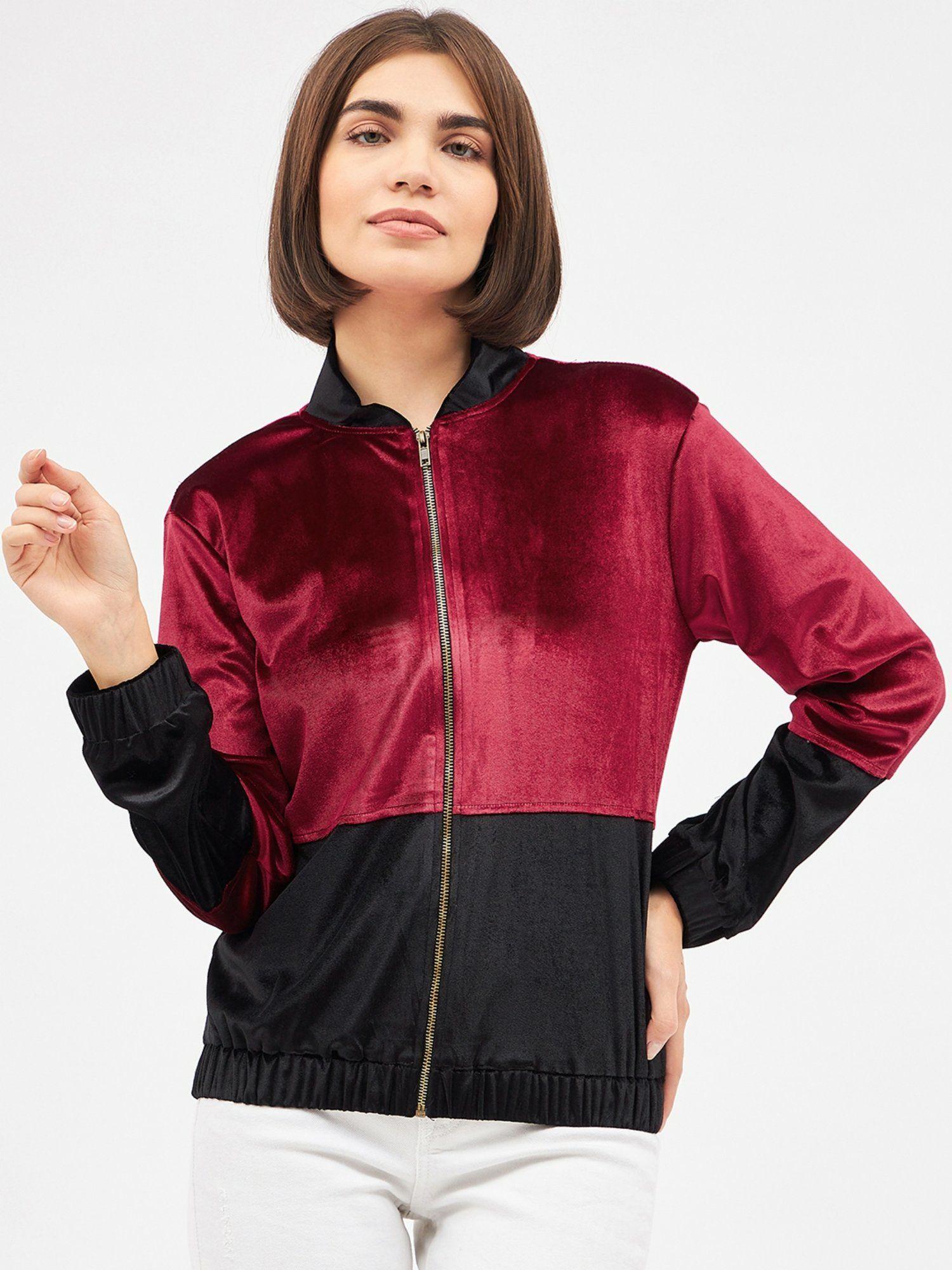 womens corduroy solid burgundy zipper jacket