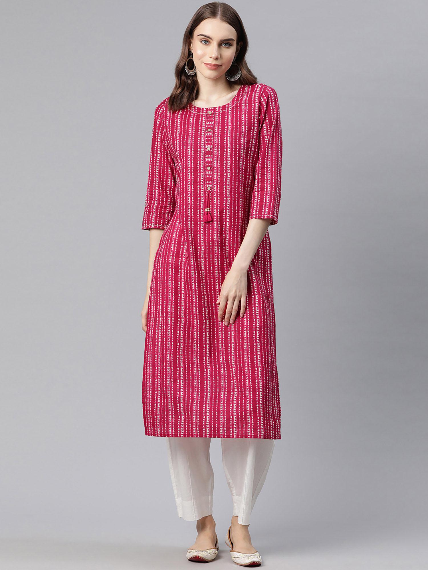 womens cotton bandhani print straight kurta magenta