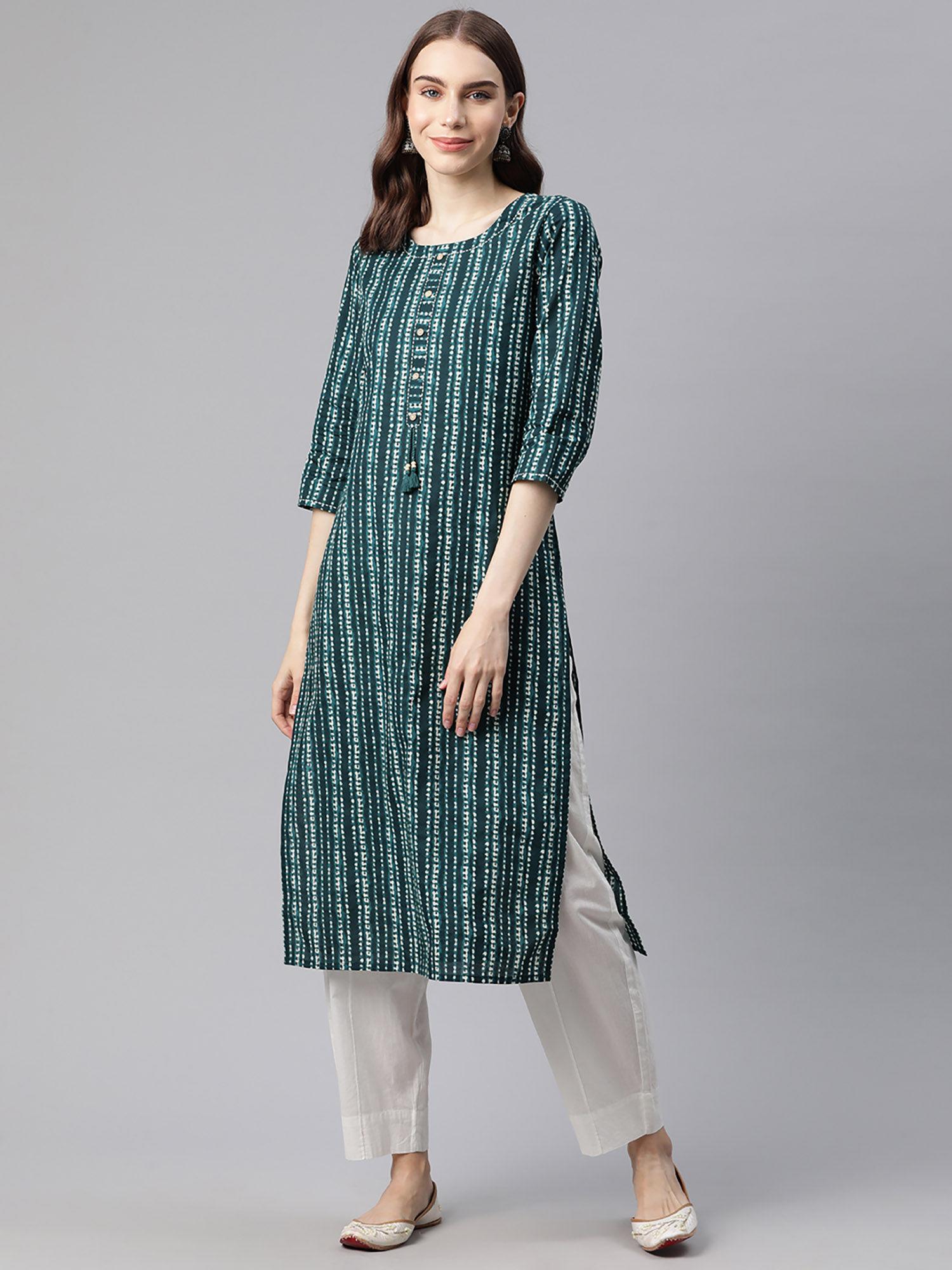 womens cotton bandhani print straight kurta teal