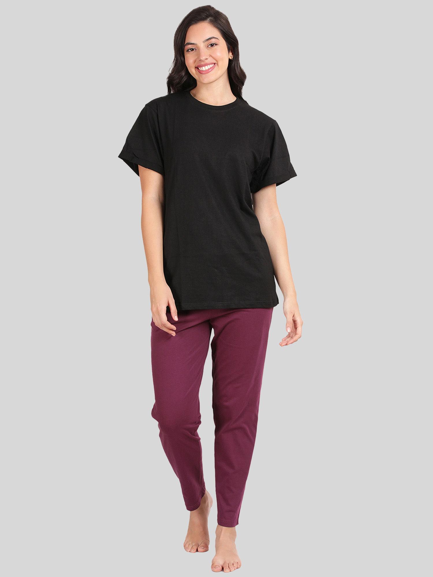 womens cotton black and burgundy relaxed fit pyjama (set of 2)