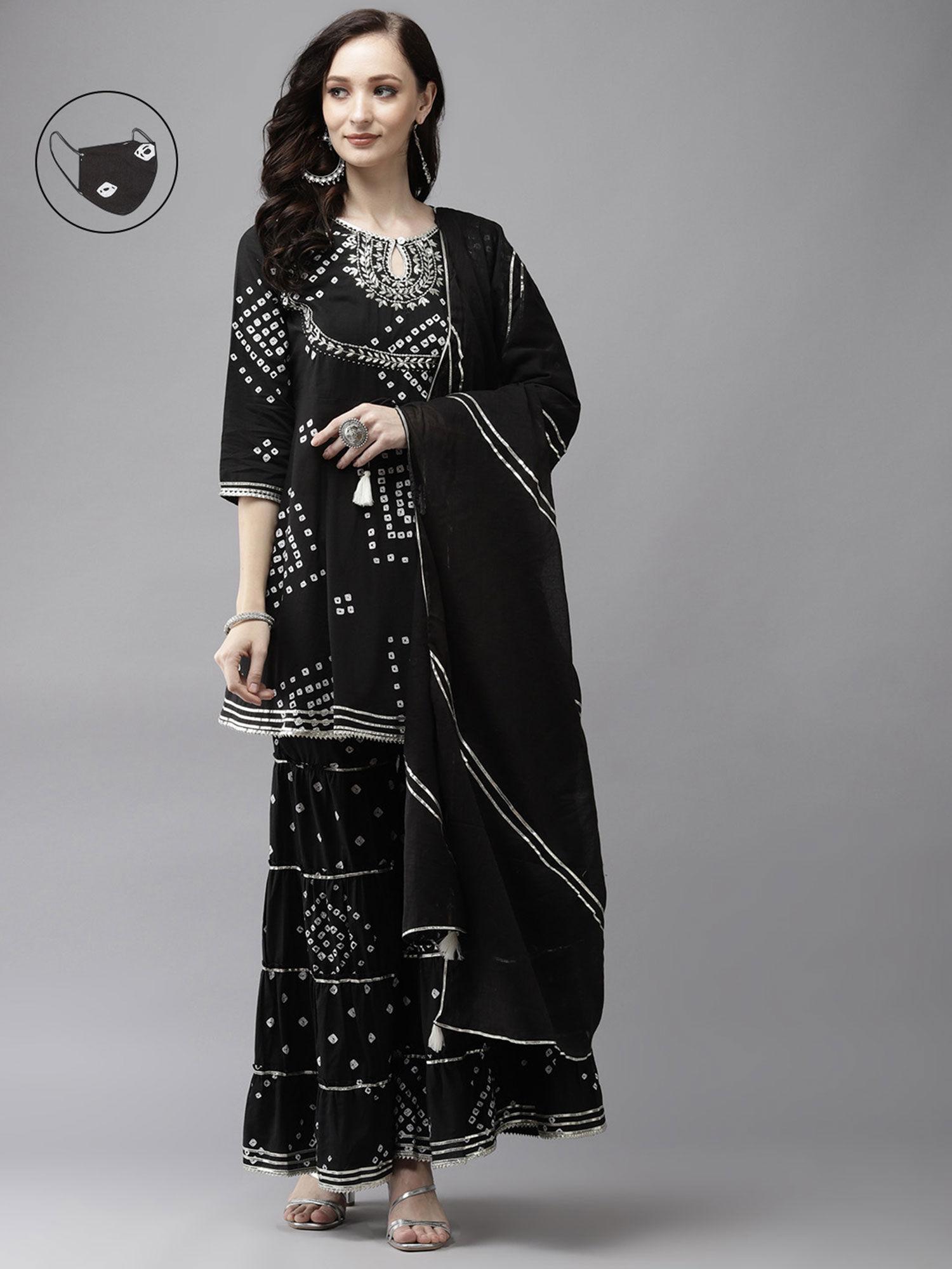 womens cotton blend black embroidered anarkali peplum kurta sharara dupatta (set of 3)