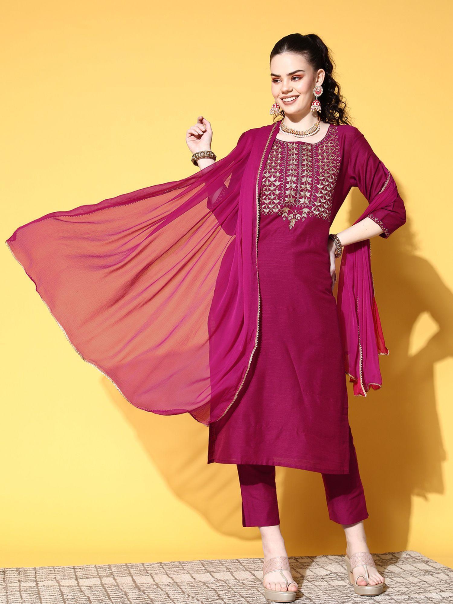 womens cotton blend magenta yoke design a-line kurta trouser dupatta (set of 3)