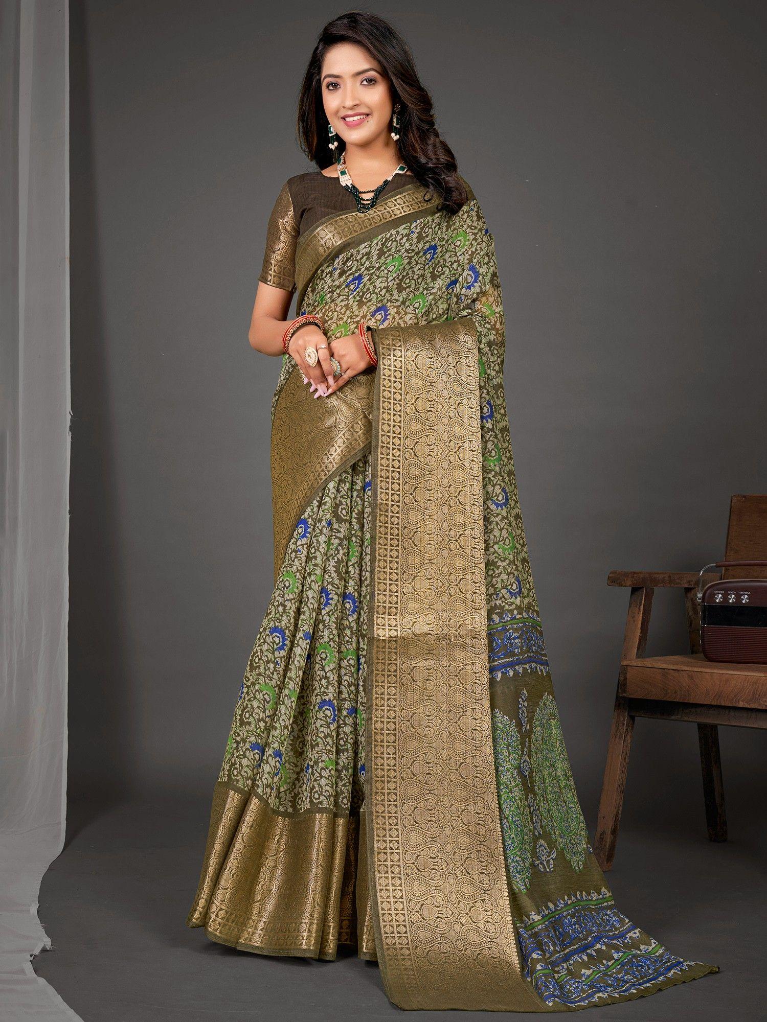 womens cotton blend olive printed designer saree with unstitched blouse