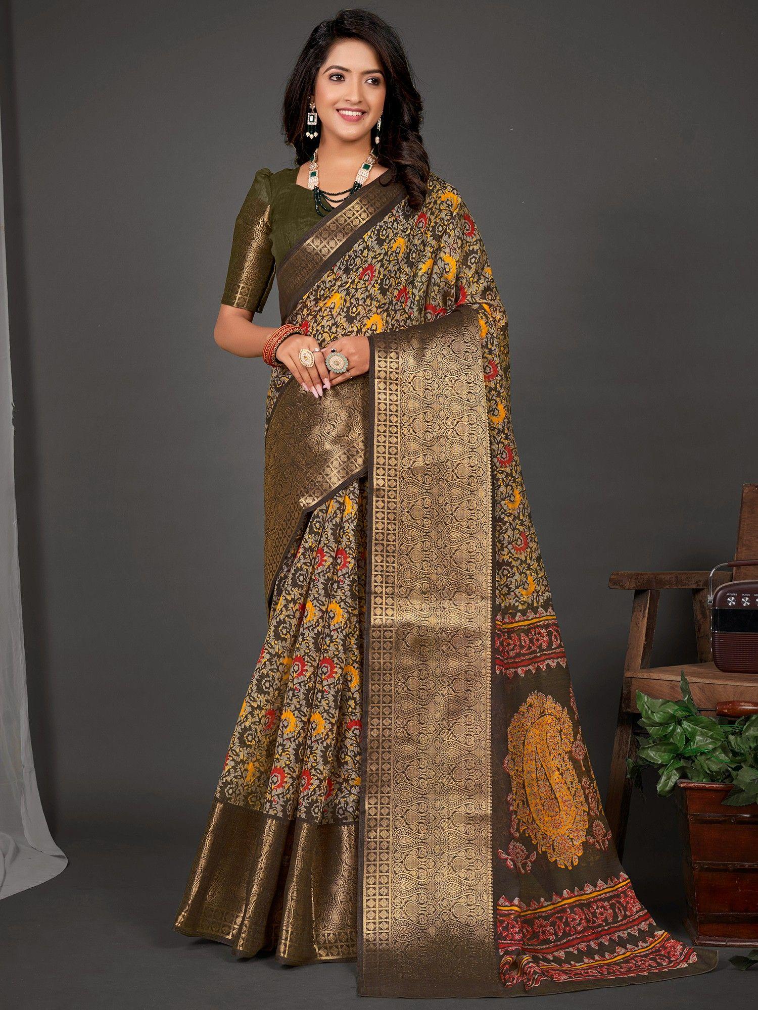 womens cotton blend olive printed designer saree with unstitched blouse
