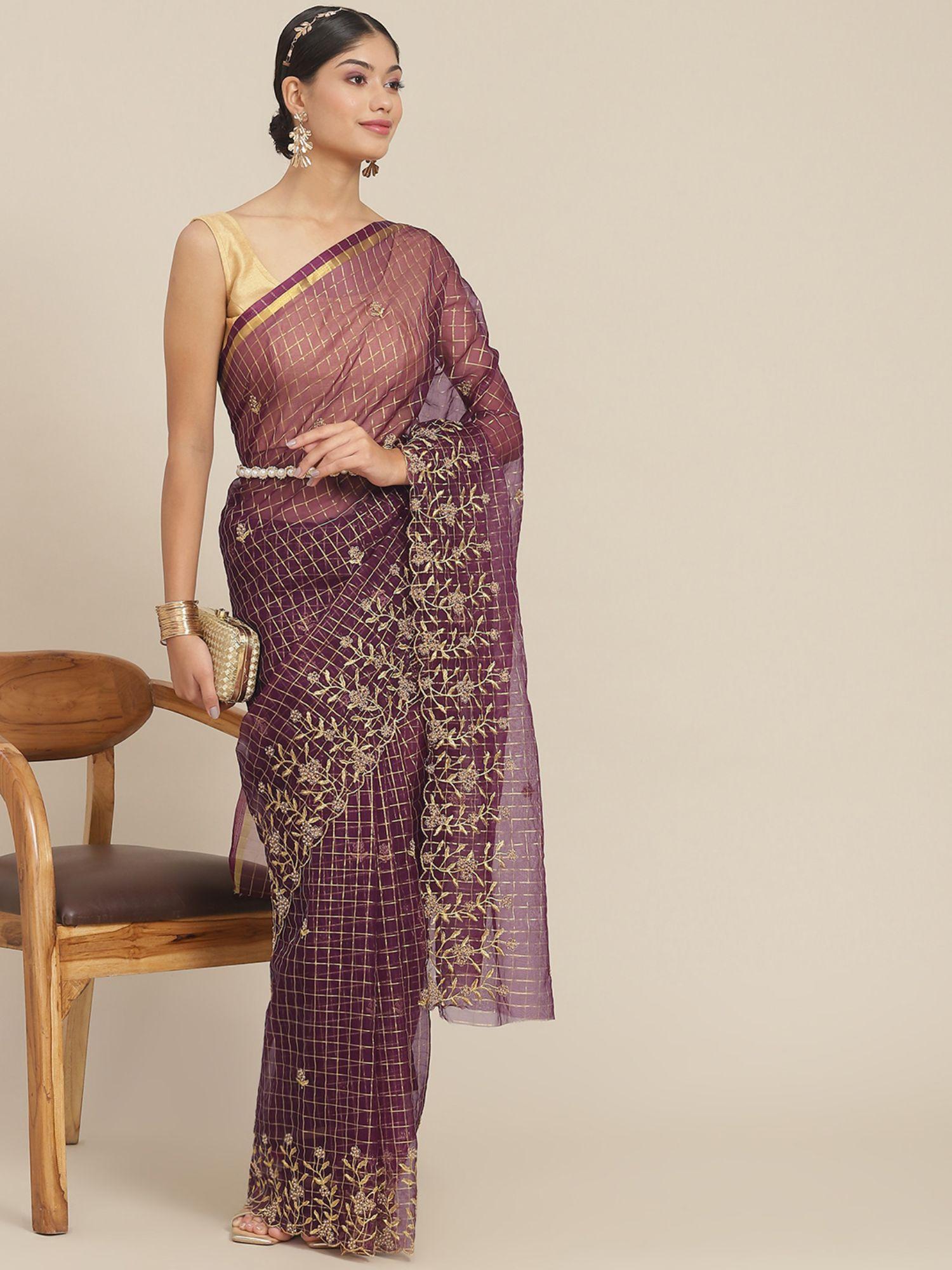 womens cotton blend purple embroidered saree with unstitched blouse