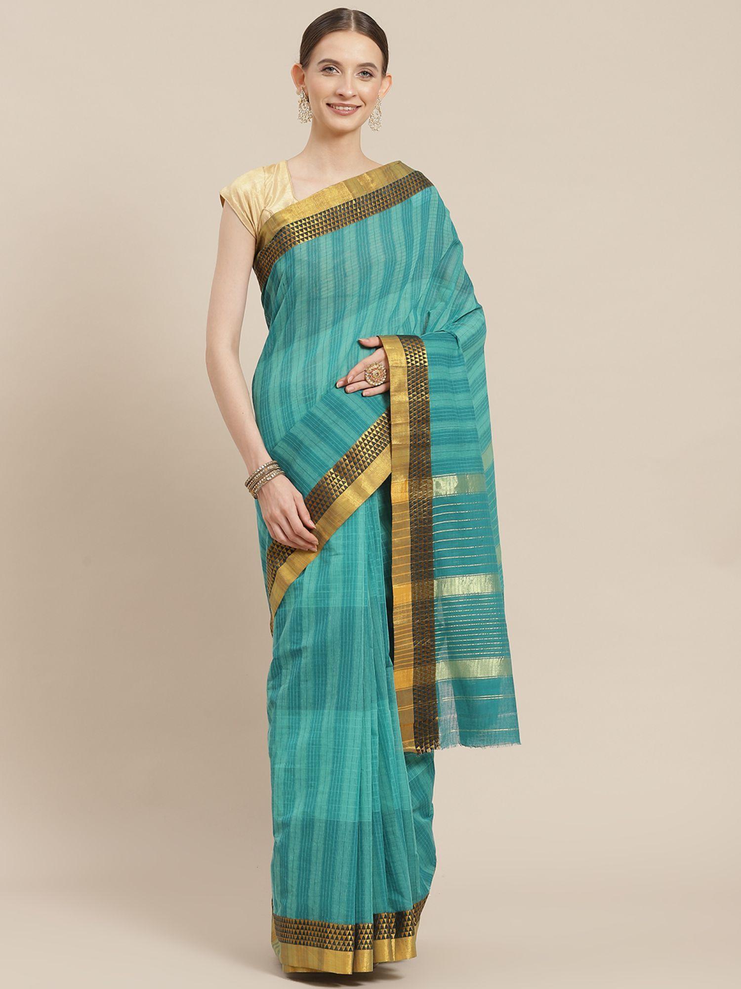 womens cotton blend sea green temple woven saree with unstitched blouse