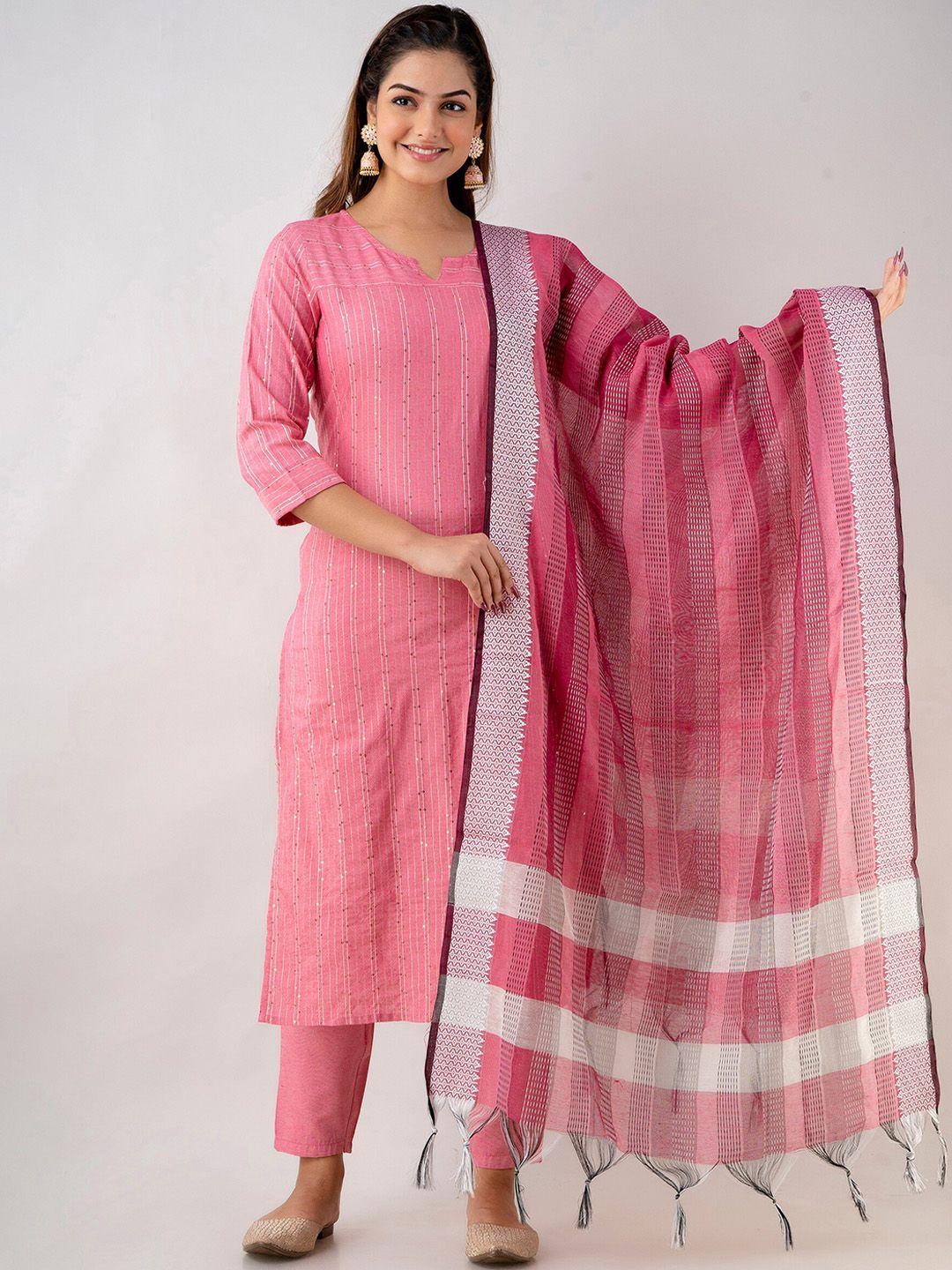 womens cotton blend striped straight kurta pant (pink)