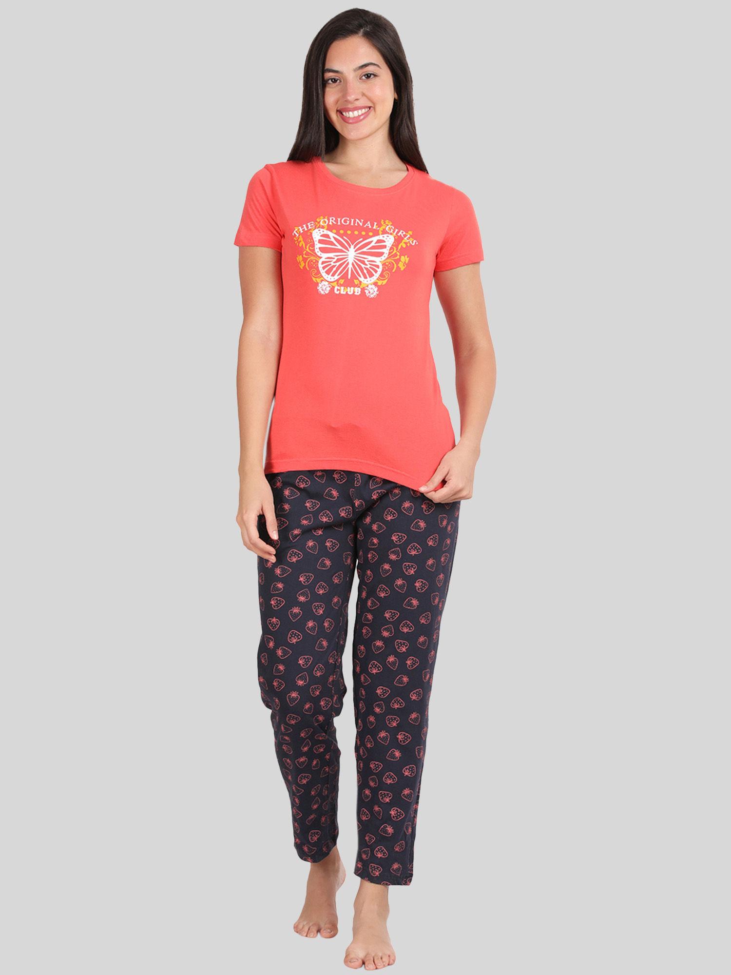 womens cotton coral and navy relaxed fit pyjama (set of 2)