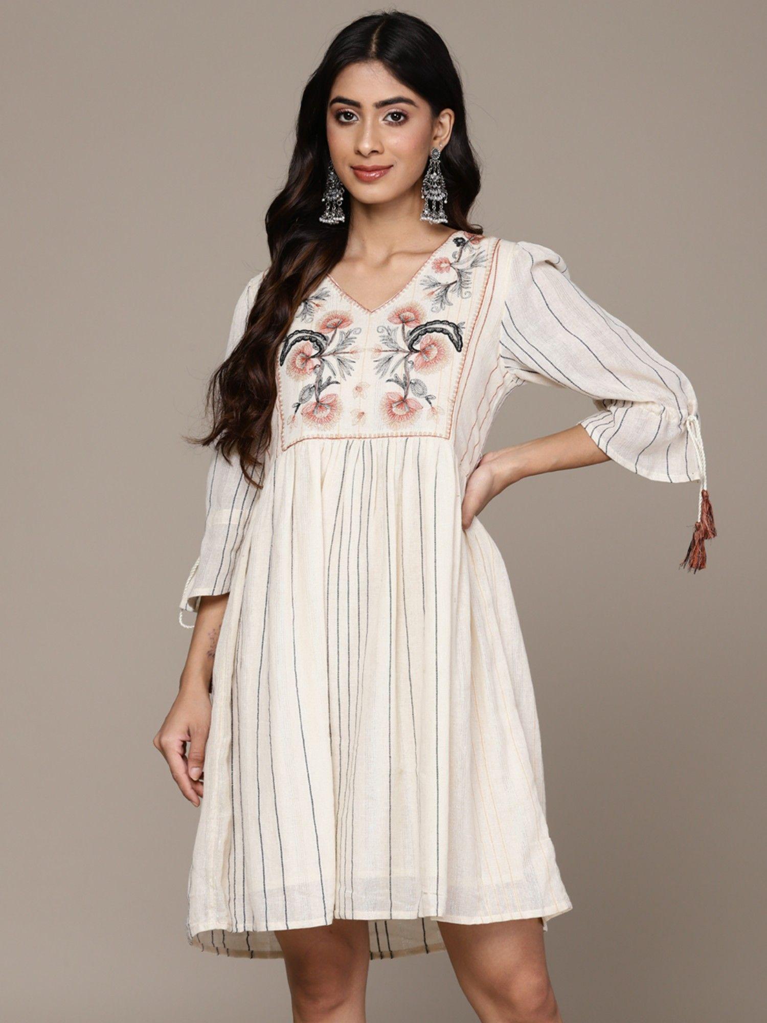 womens cotton cream embroidered a-line dress