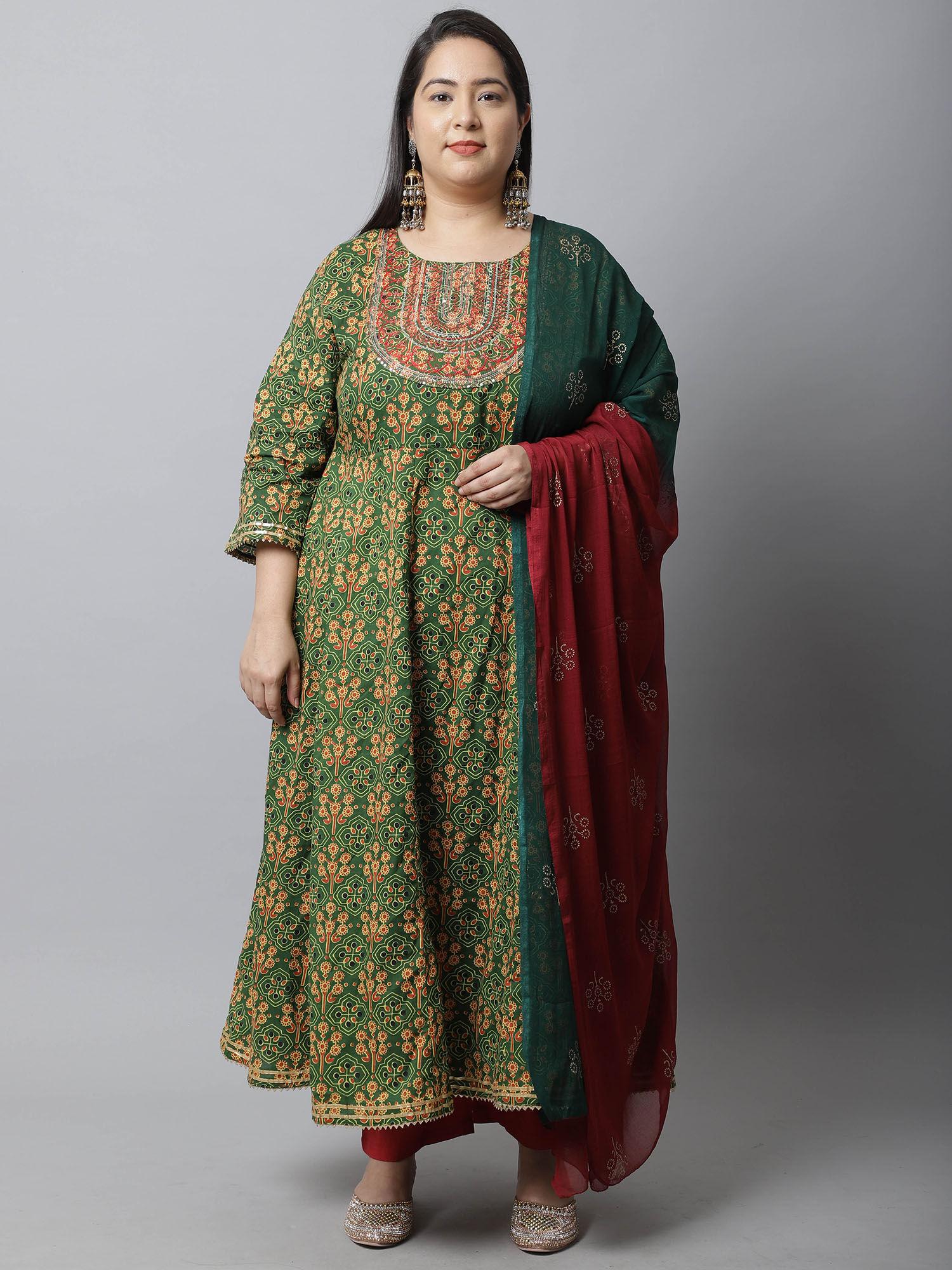 womens cotton embroidered plus size kurta with dupatta green & red (set of 3)