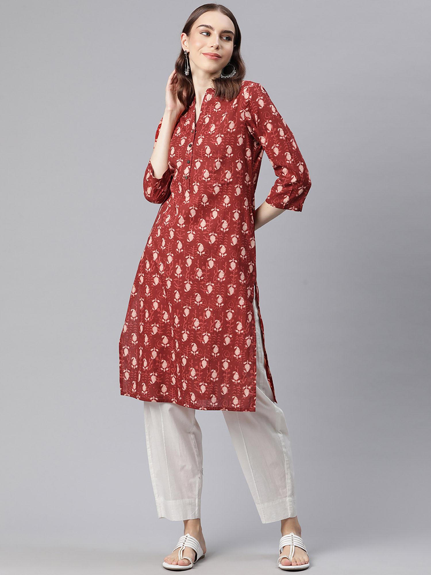 womens cotton ethnic motifs straight short kurta maroon