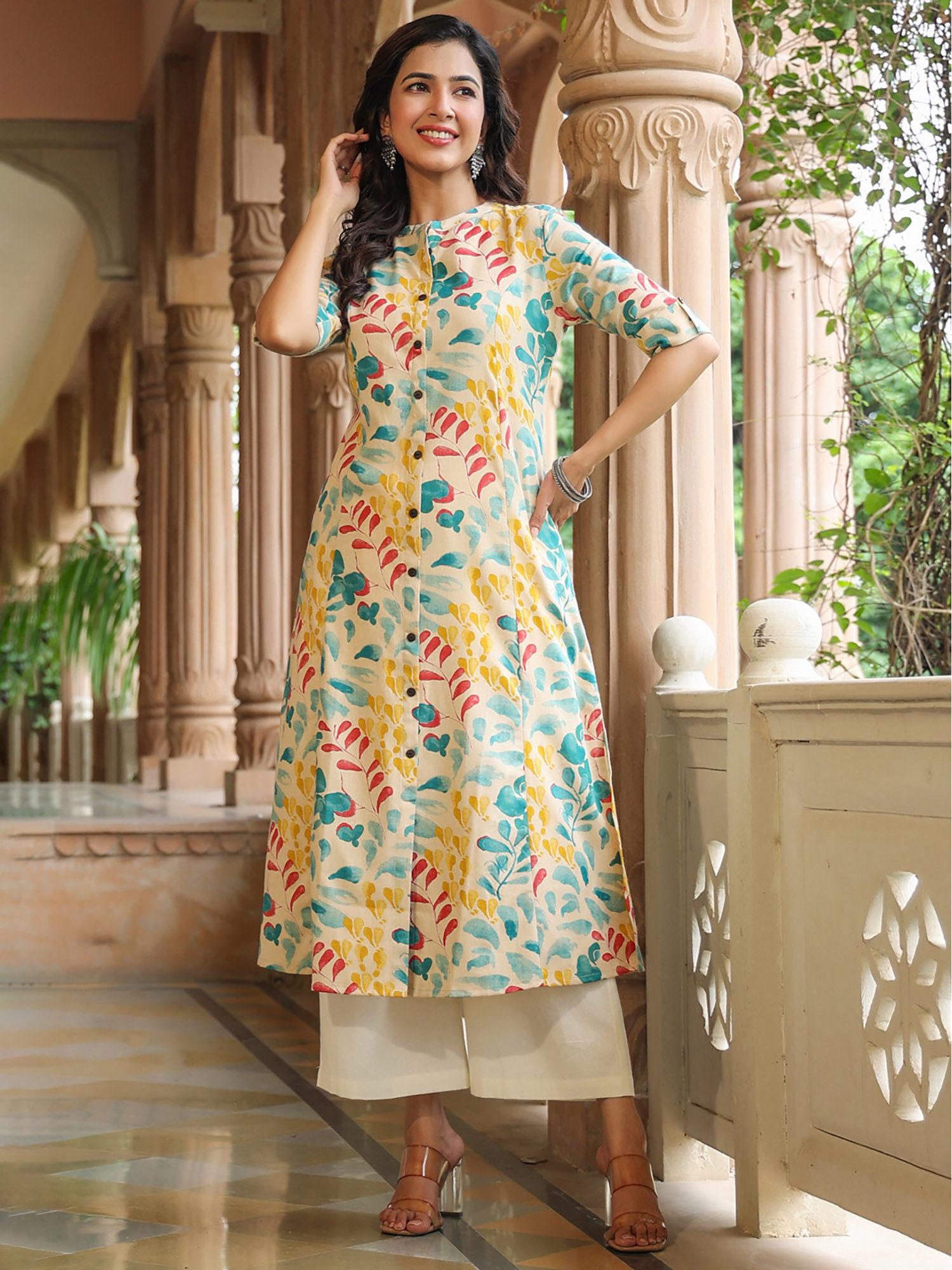 womens cotton floral print a-line kurta beige