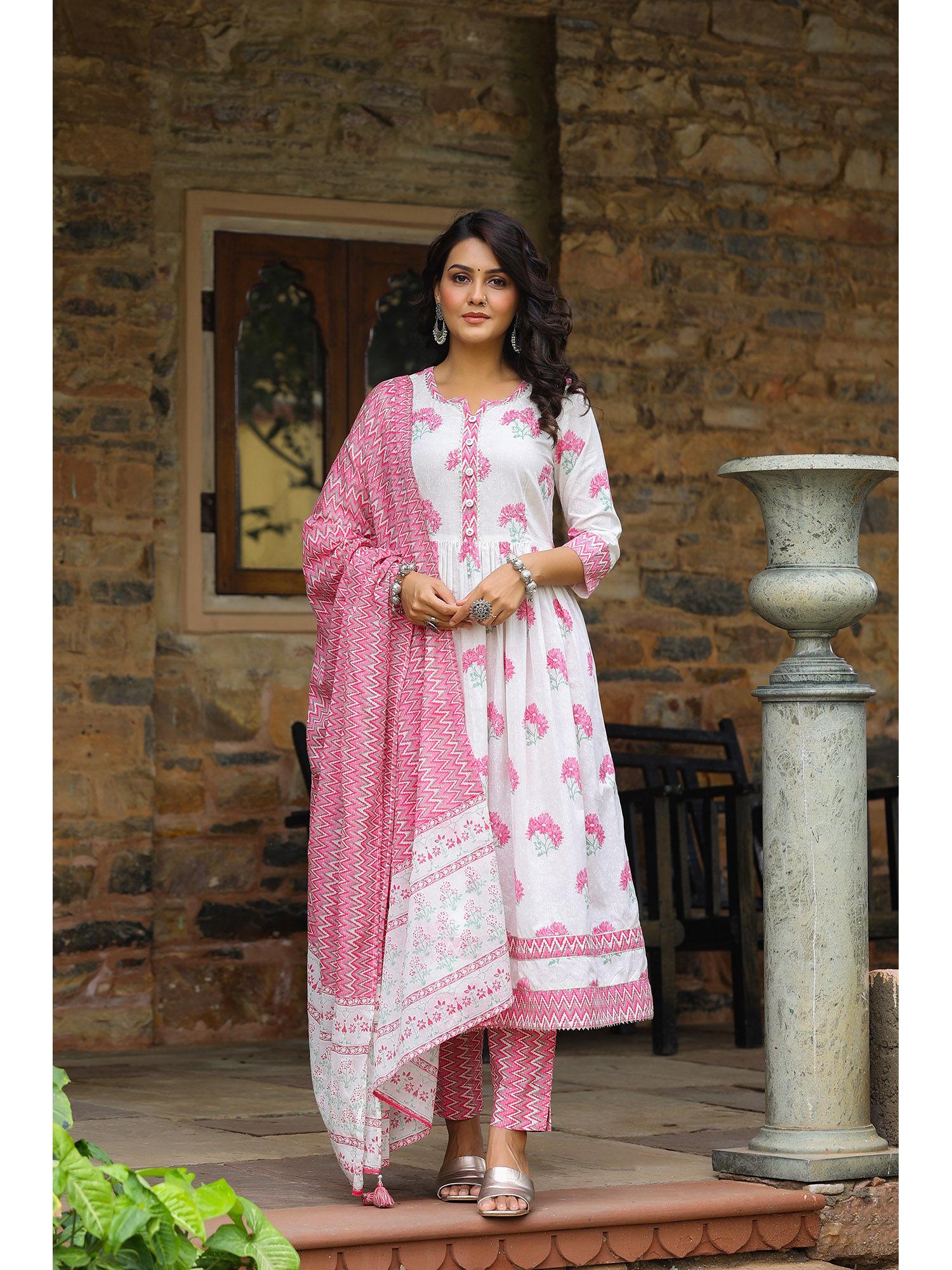 womens cotton floral print a-line kurta pant dupatta white and pink (set of 3)