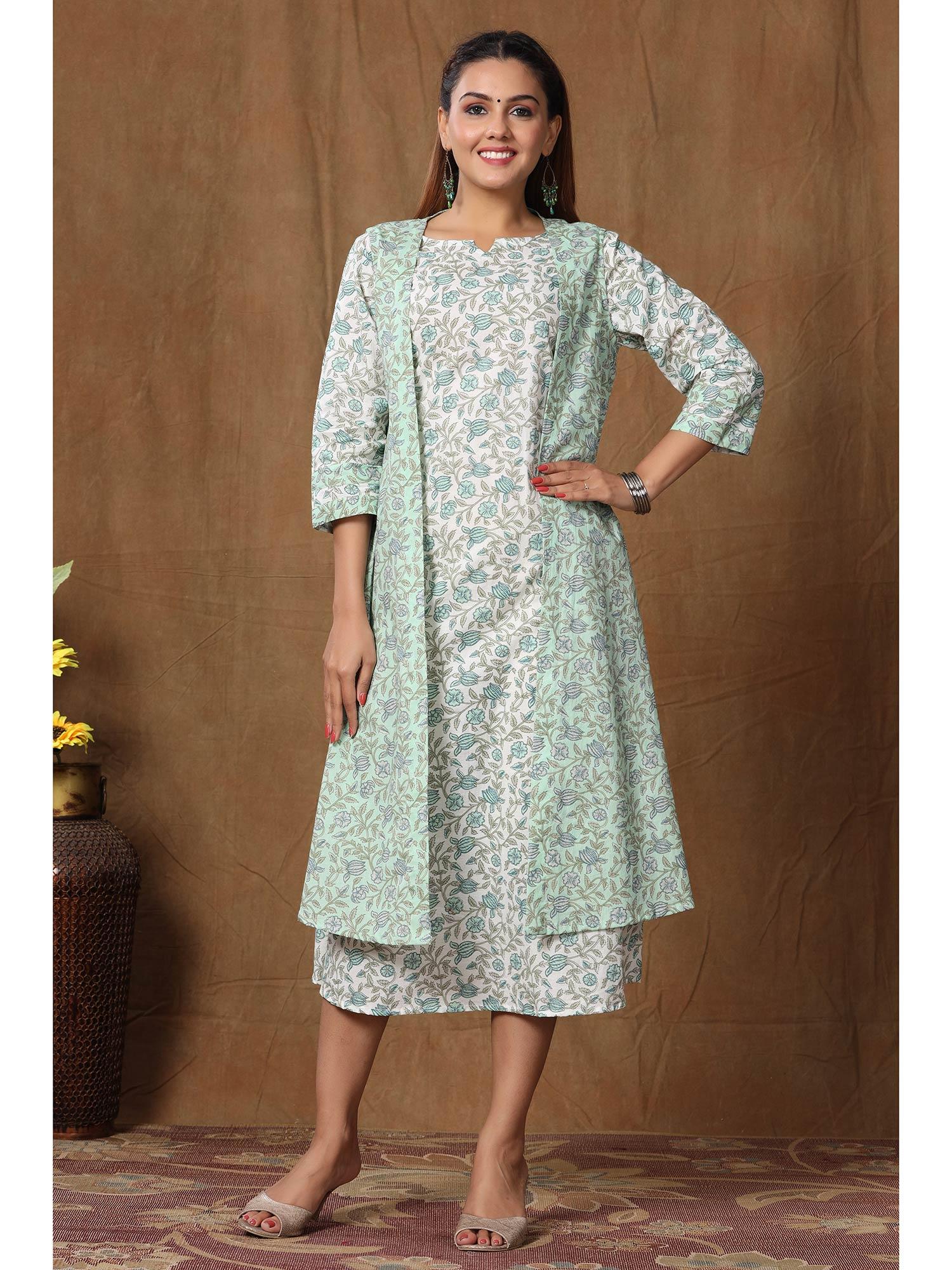 womens cotton floral print a-line kurta with jacket (set of 2)