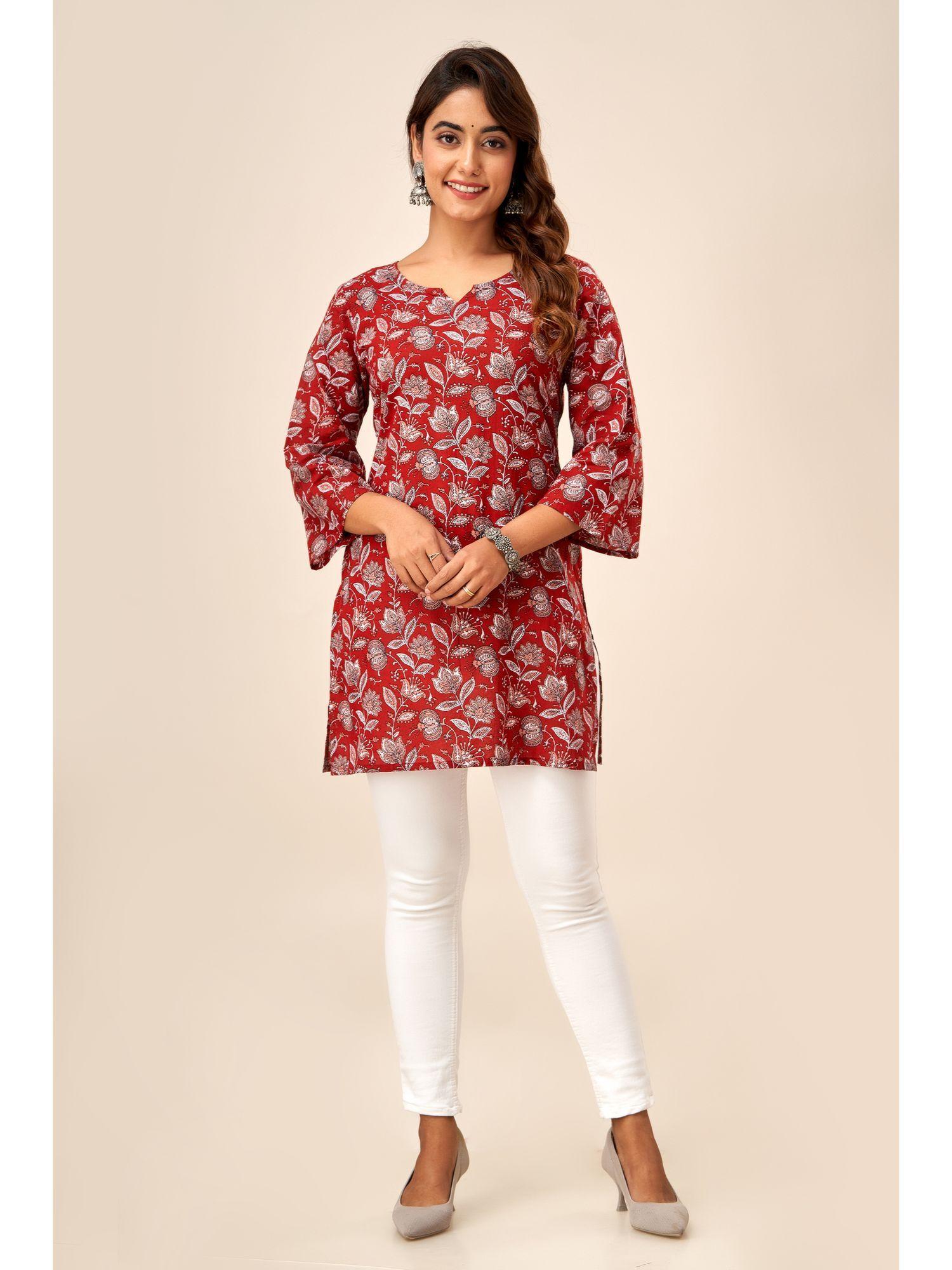 womens cotton floral print straight kurti maroon