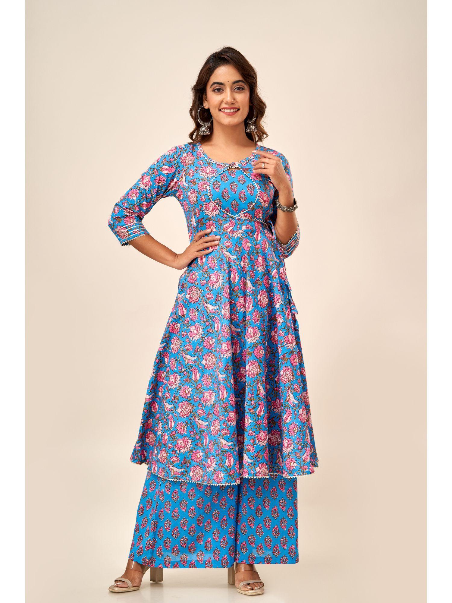 womens cotton floral printed anarkali kurta blue