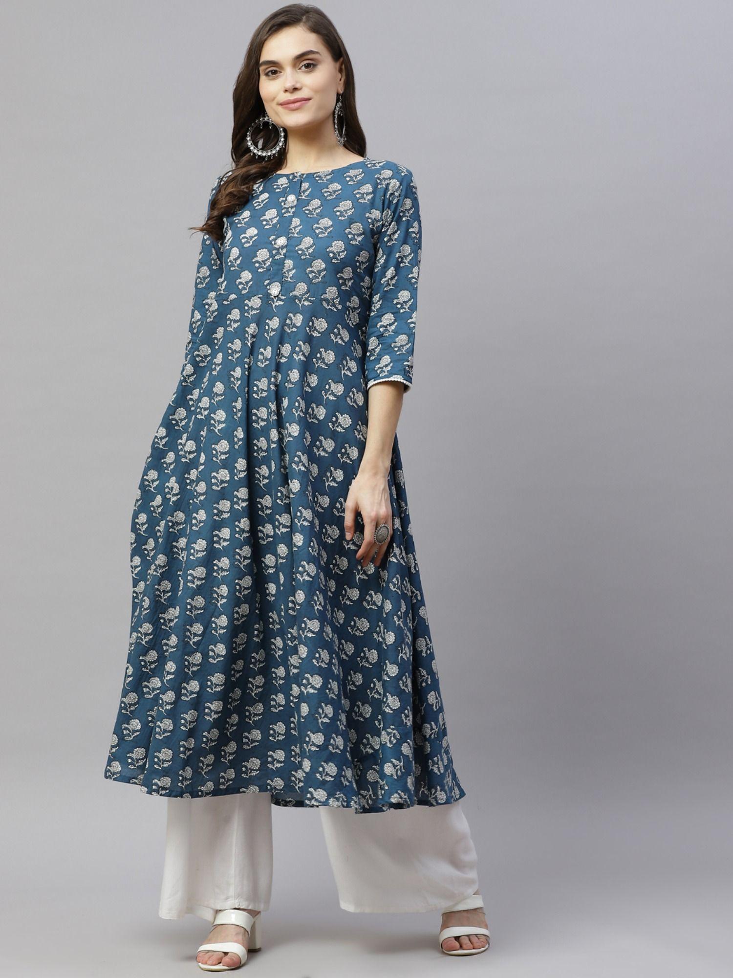 womens cotton floral printed anarkali kurta blue