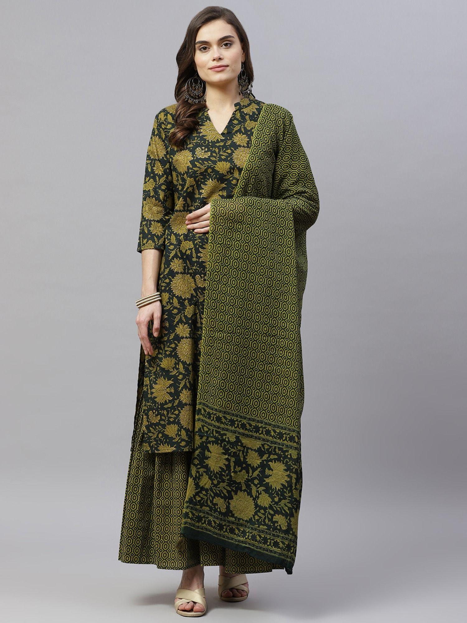 womens cotton floral straight kurta & sharara with dupatta green black (set of 3)