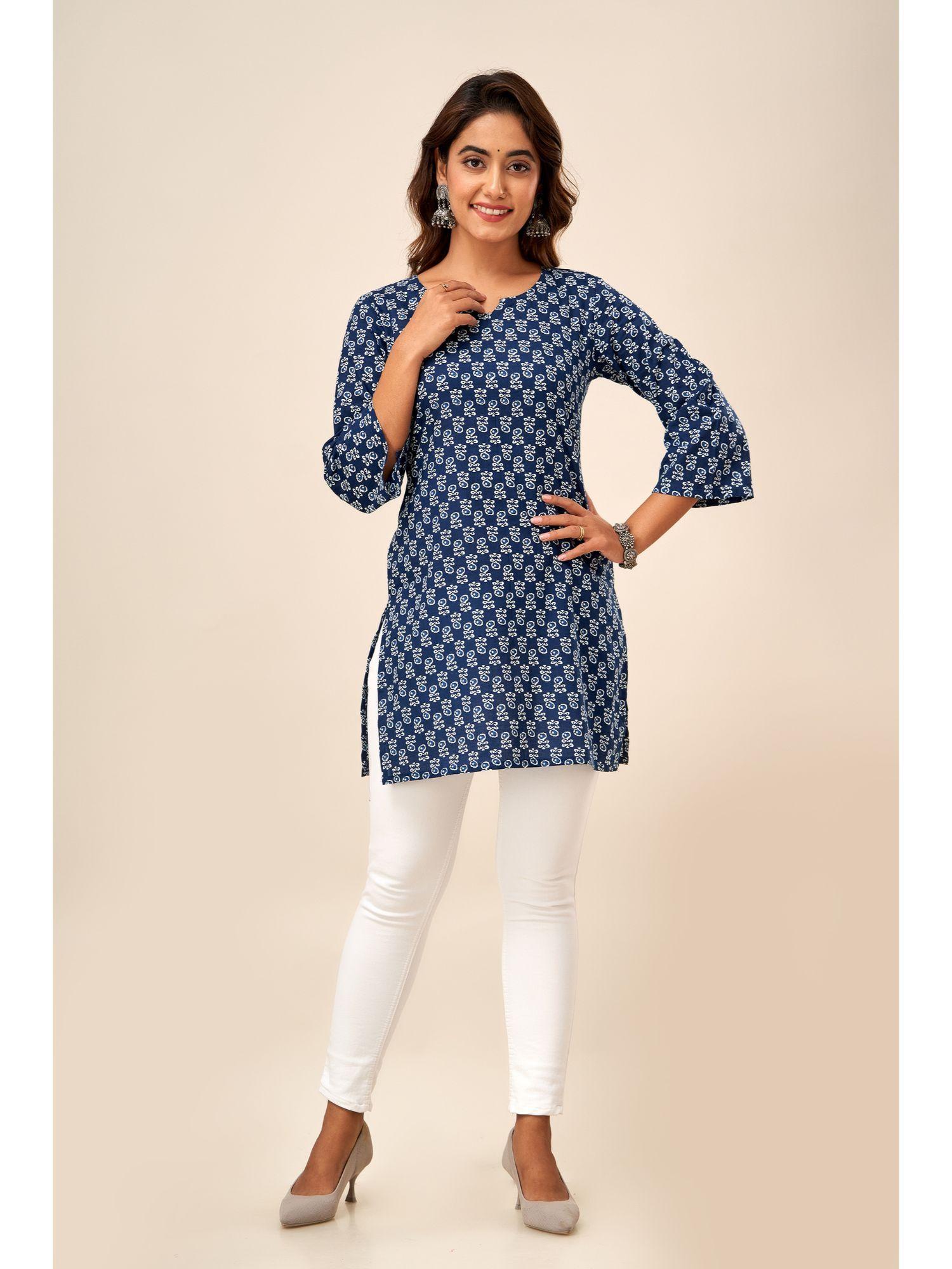 womens cotton geometric print straight kurti blue