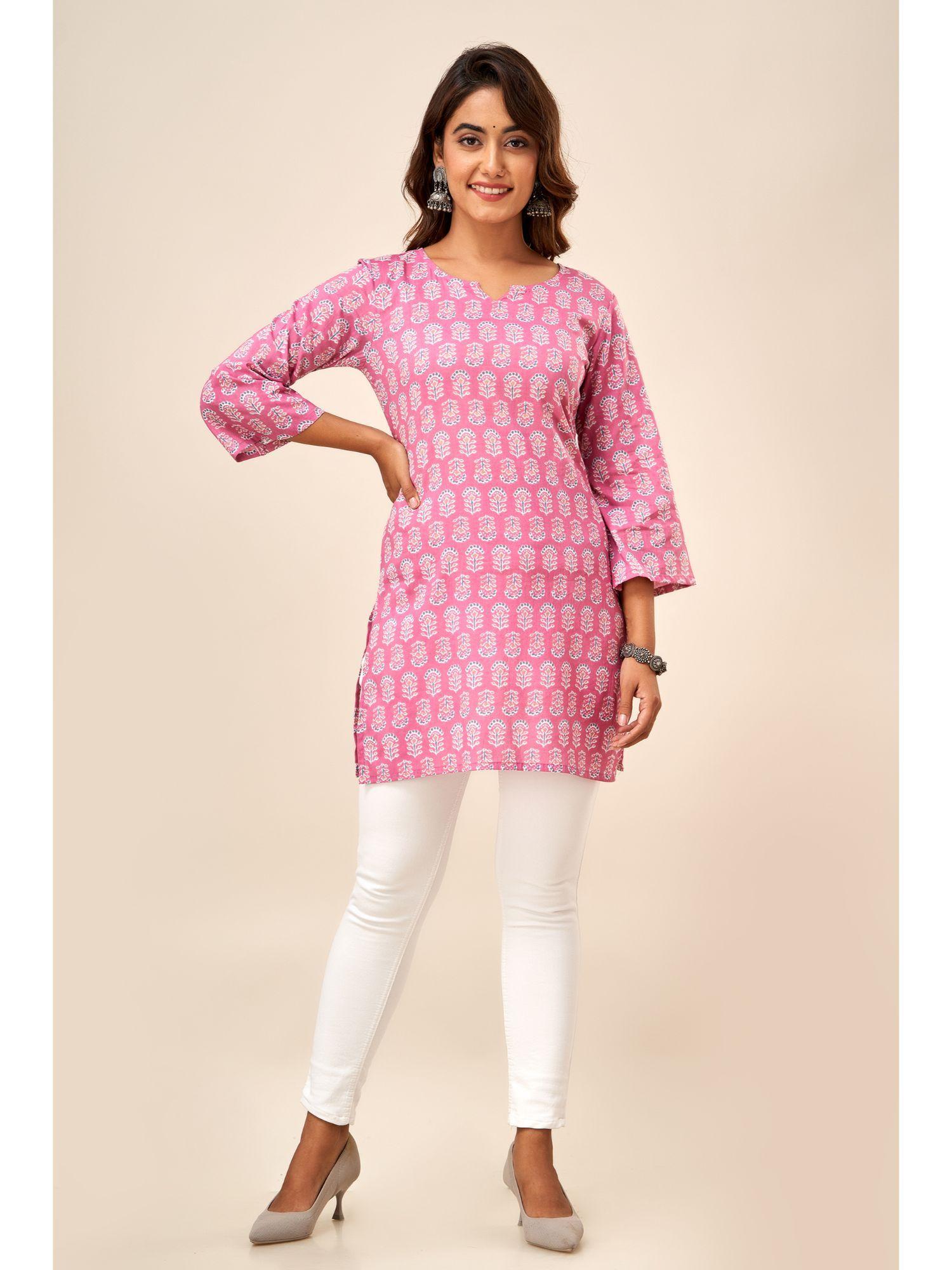 womens cotton geometric print straight kurti pink