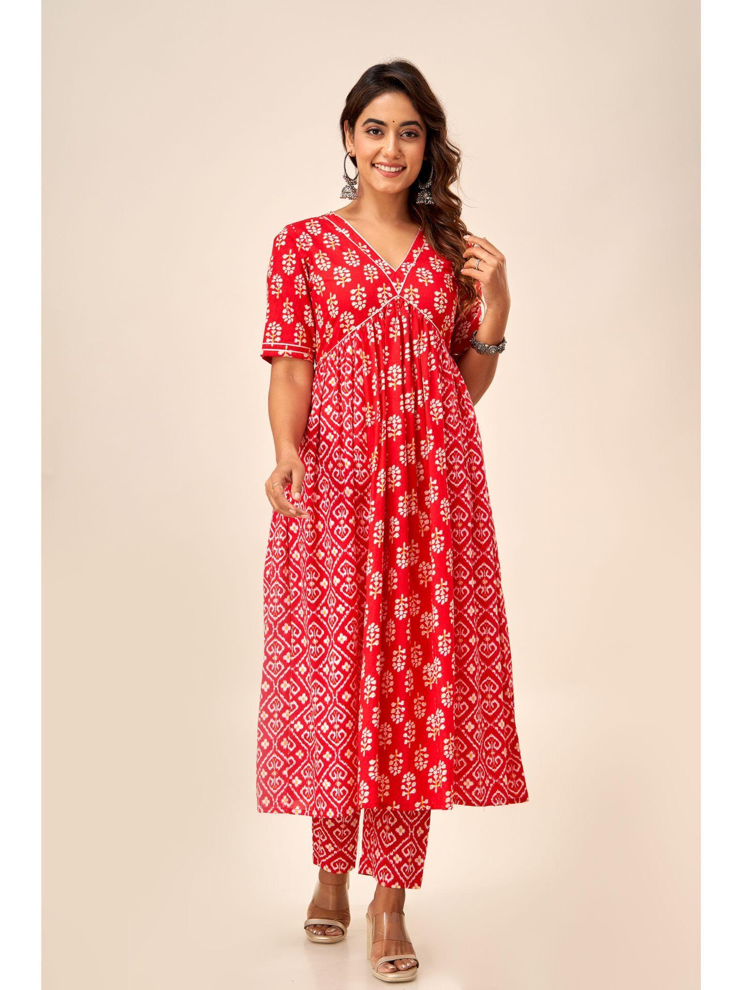 womens cotton geometric printed a-line kurta red