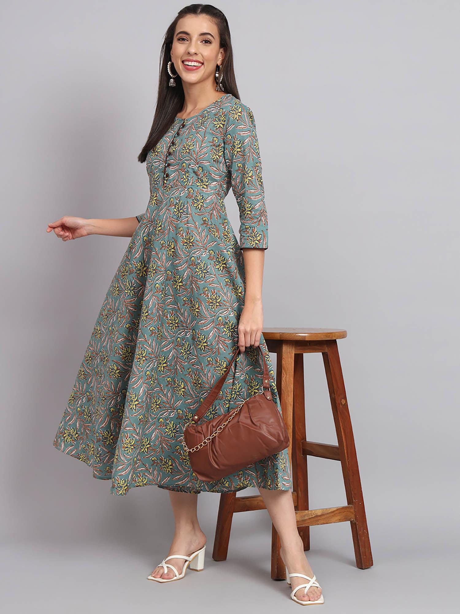 womens cotton green floral printed flared dress