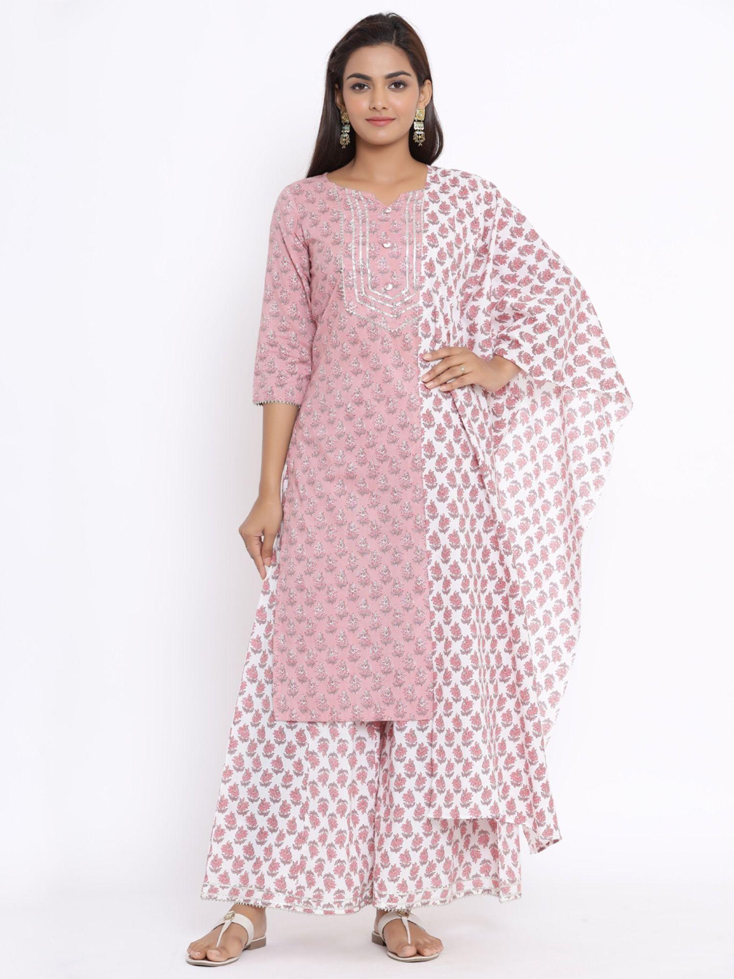 womens cotton kurta with palazzo & dupatta pink (set of 3)