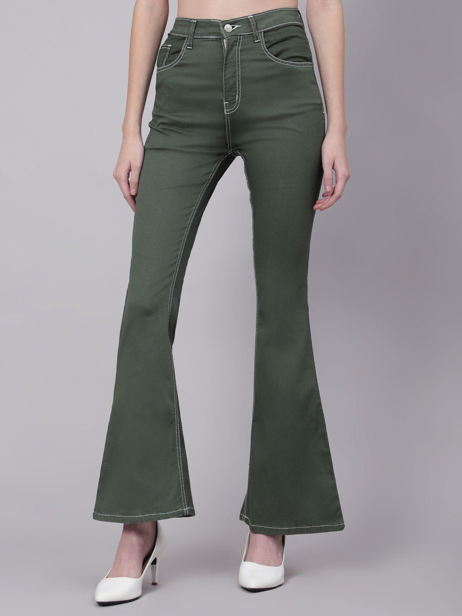 womens cotton lycra blend bootleg fit high rise jeans olive green