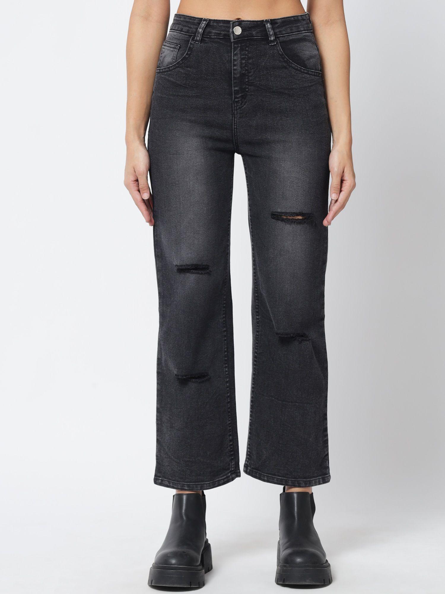 womens cotton lycra blend jet black mid rise distress jeans