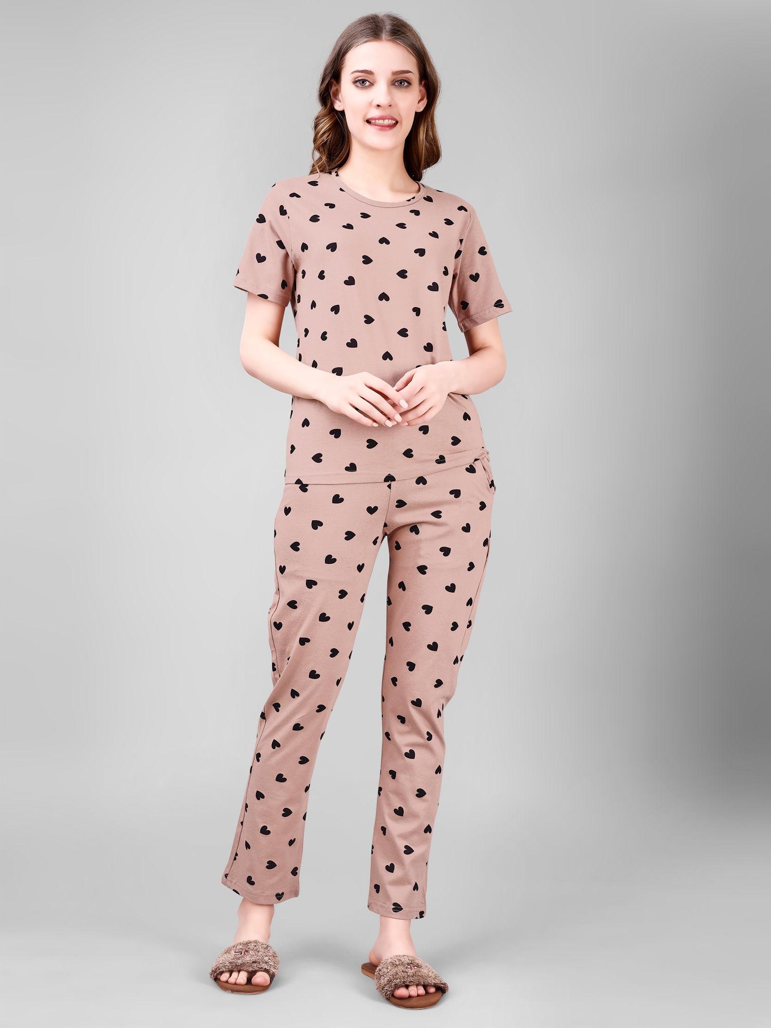 womens cotton lycra brown heart print night suit (set of 2)